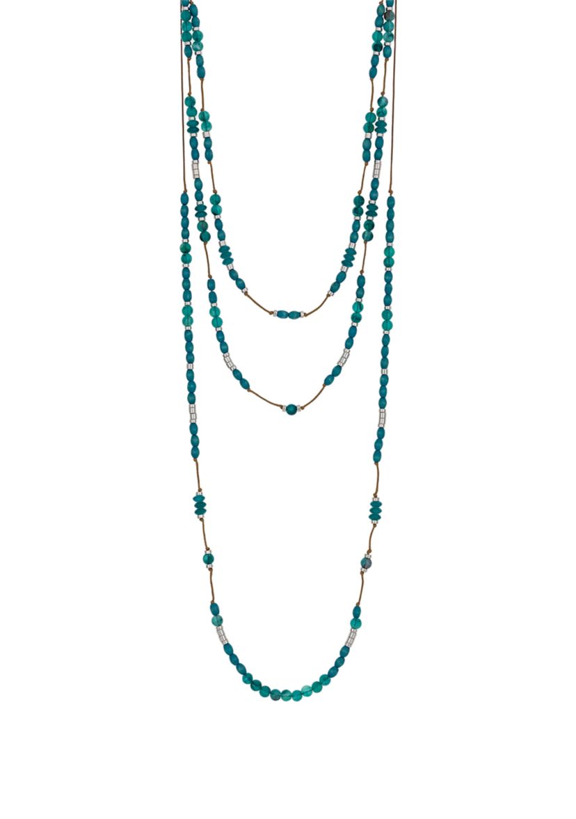Silver Tone Layered 3 Row Teal Bead Stations on Cord Necklace
