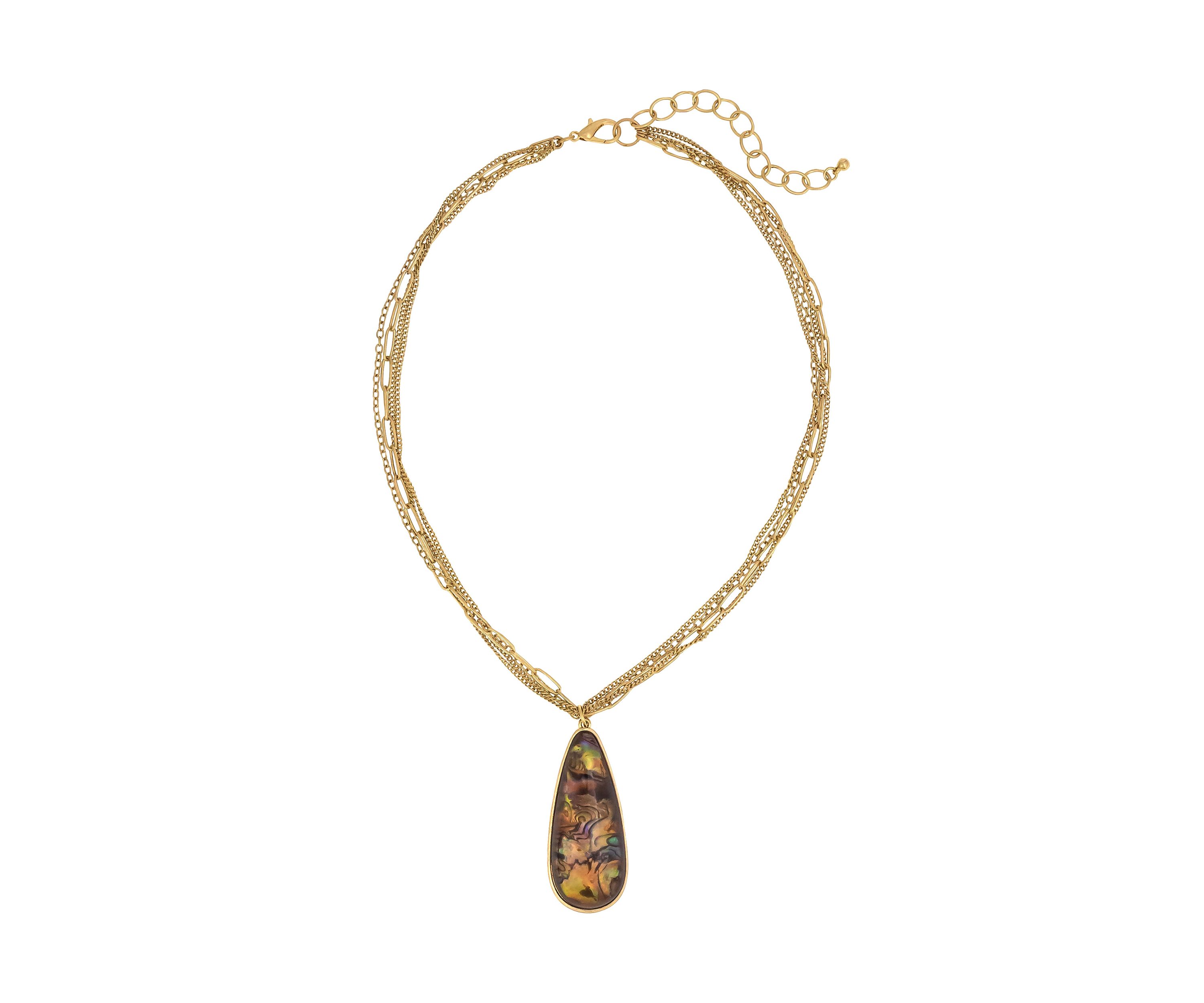 Gold Tone Elongated Look of Abalone Teardrop Pendant on Multi Row Chain Necklace