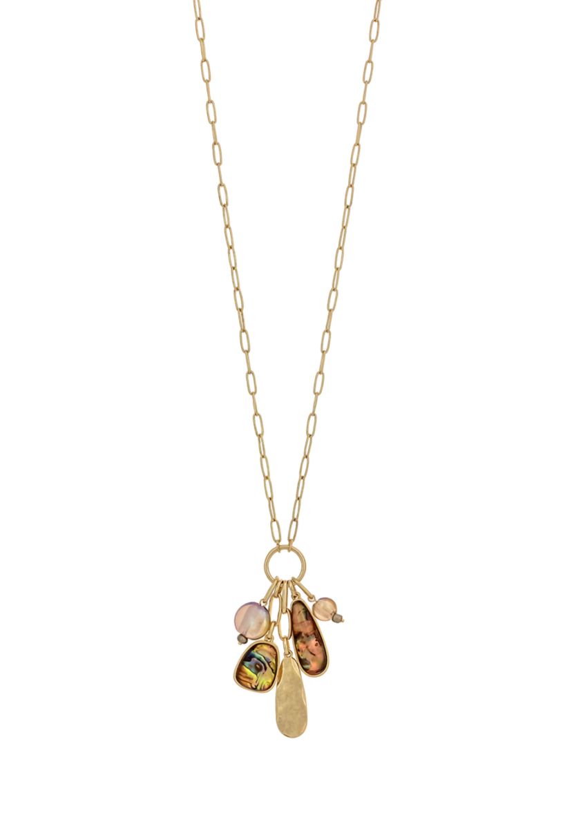 Gold-Tone, 28.5 + 3  Extender Chain Necklace with  Multi Stone, Bead and Disc Pendant Drops on Open Ring