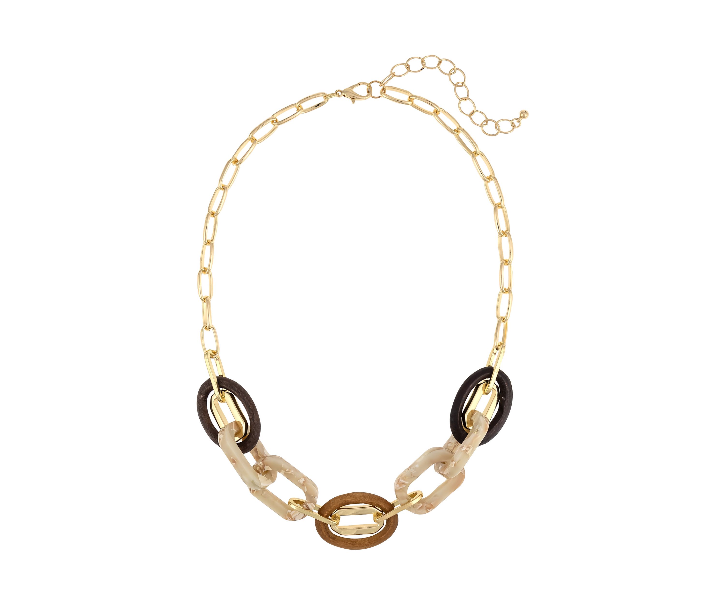 Gold Tone Multi Tone Wood and Acrylic Link Frontal Necklace