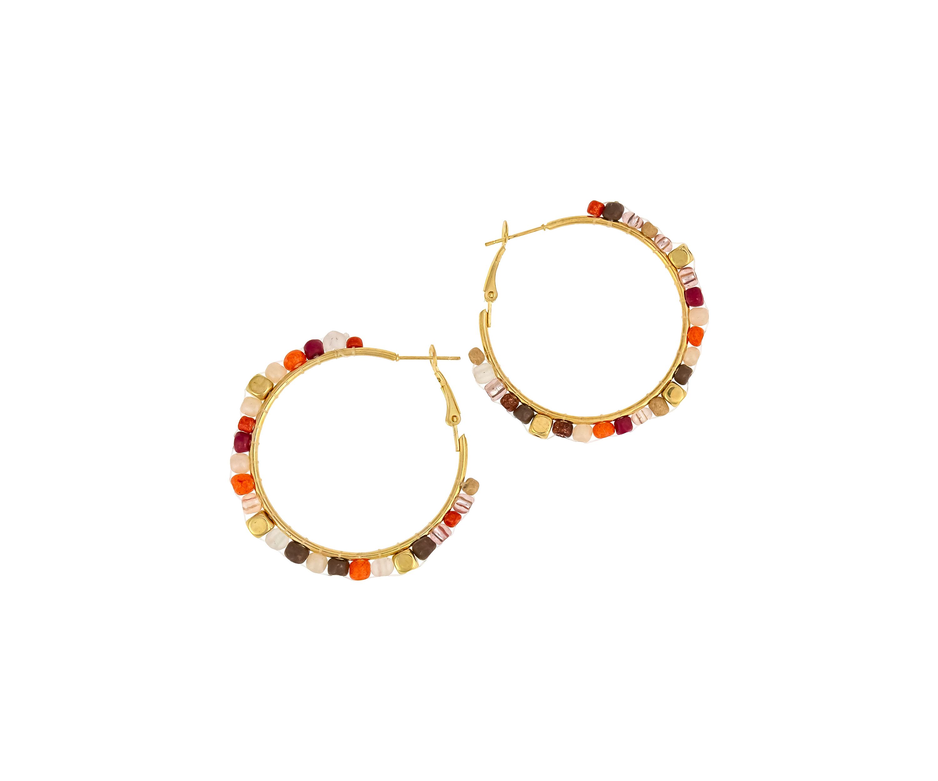 Gold-Tone Woven Multi Colored Beaded Hoop Earrings