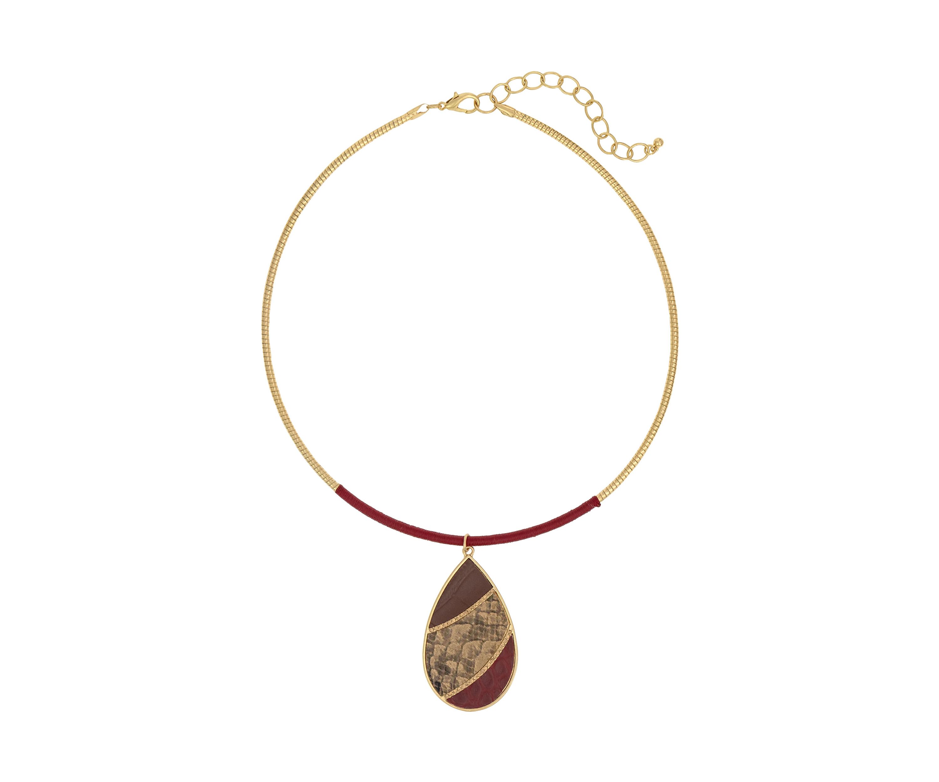 Gold Tone Burgundy Thread Wrapped Frontal Pendant Necklace
