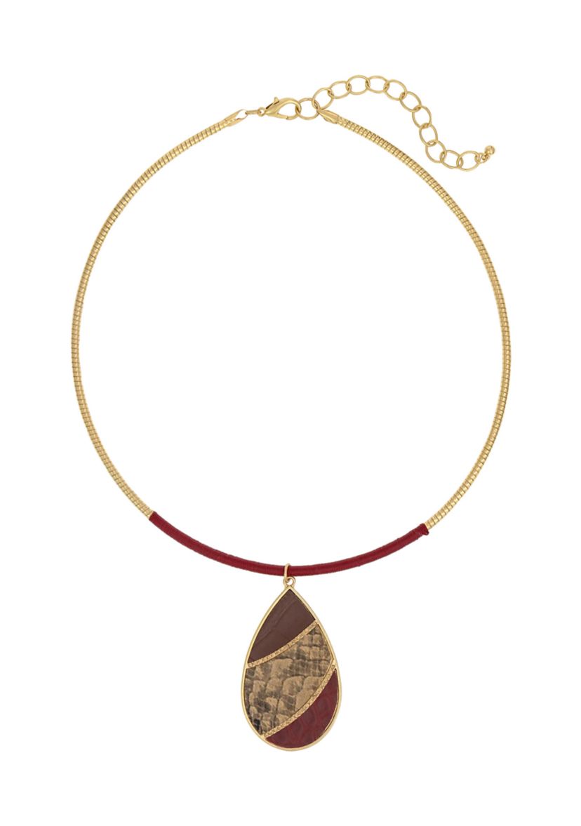Gold Tone Burgundy Thread Wrapped Frontal Pendant Necklace