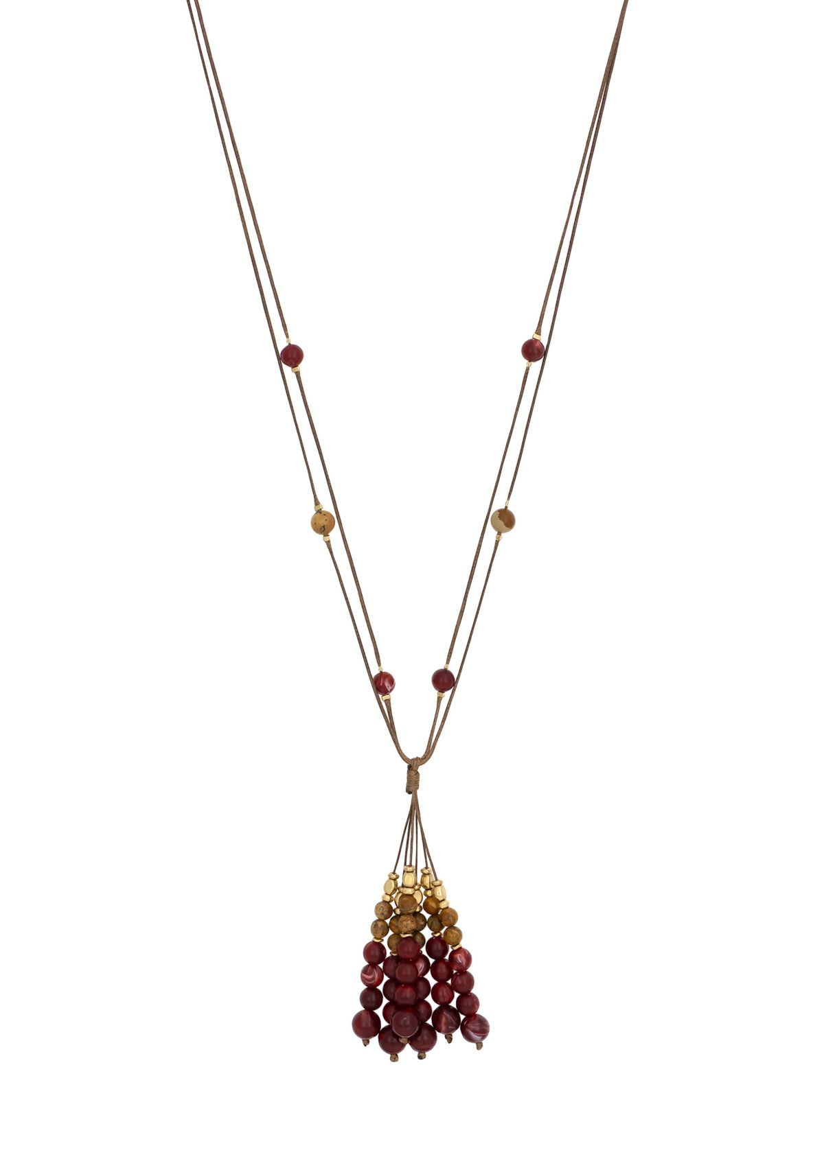Gold Tone Long Berry/Neutral Bead Tassel Necklace