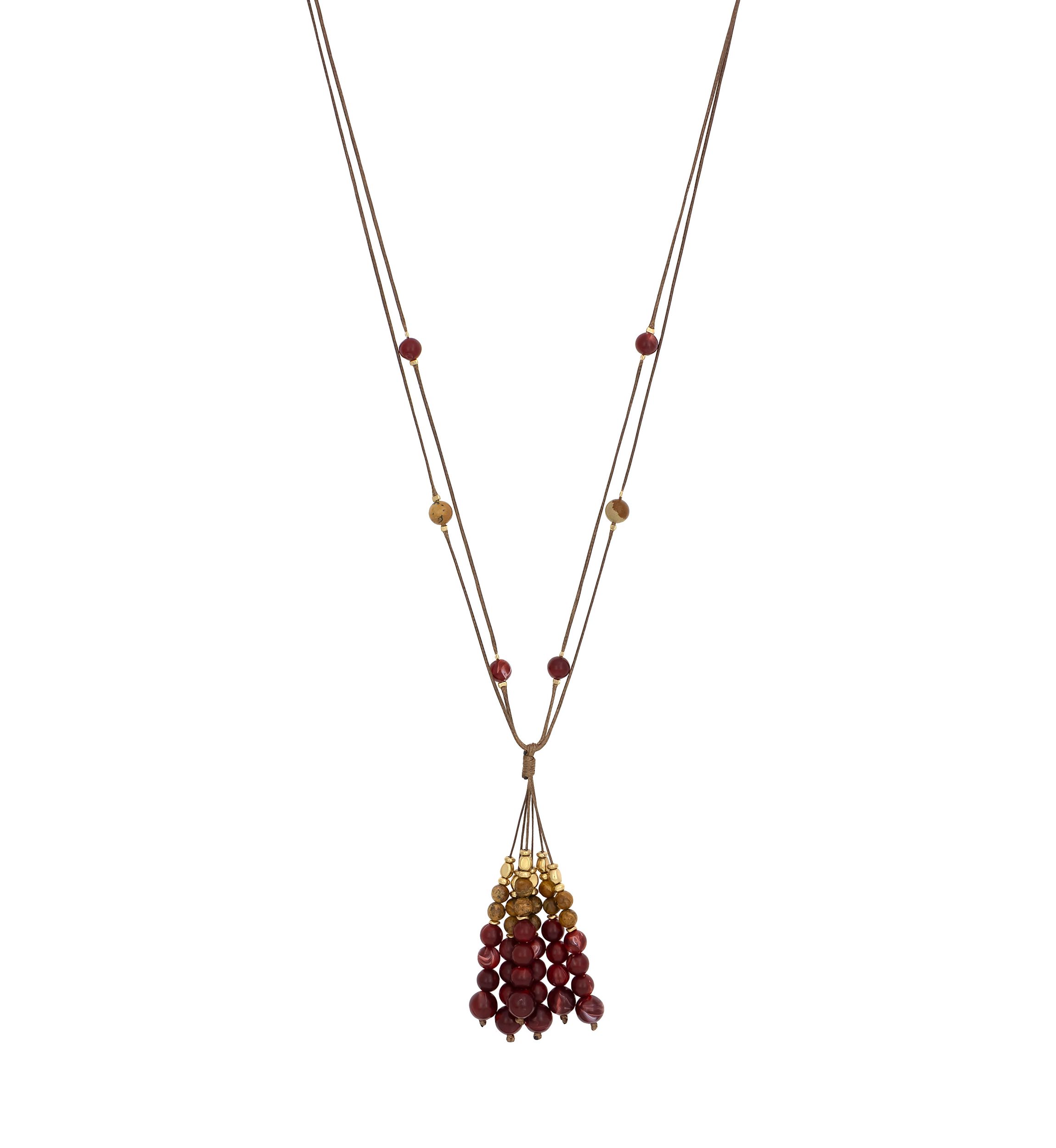 Gold Tone Long Berry/Neutral Bead Tassel Necklace