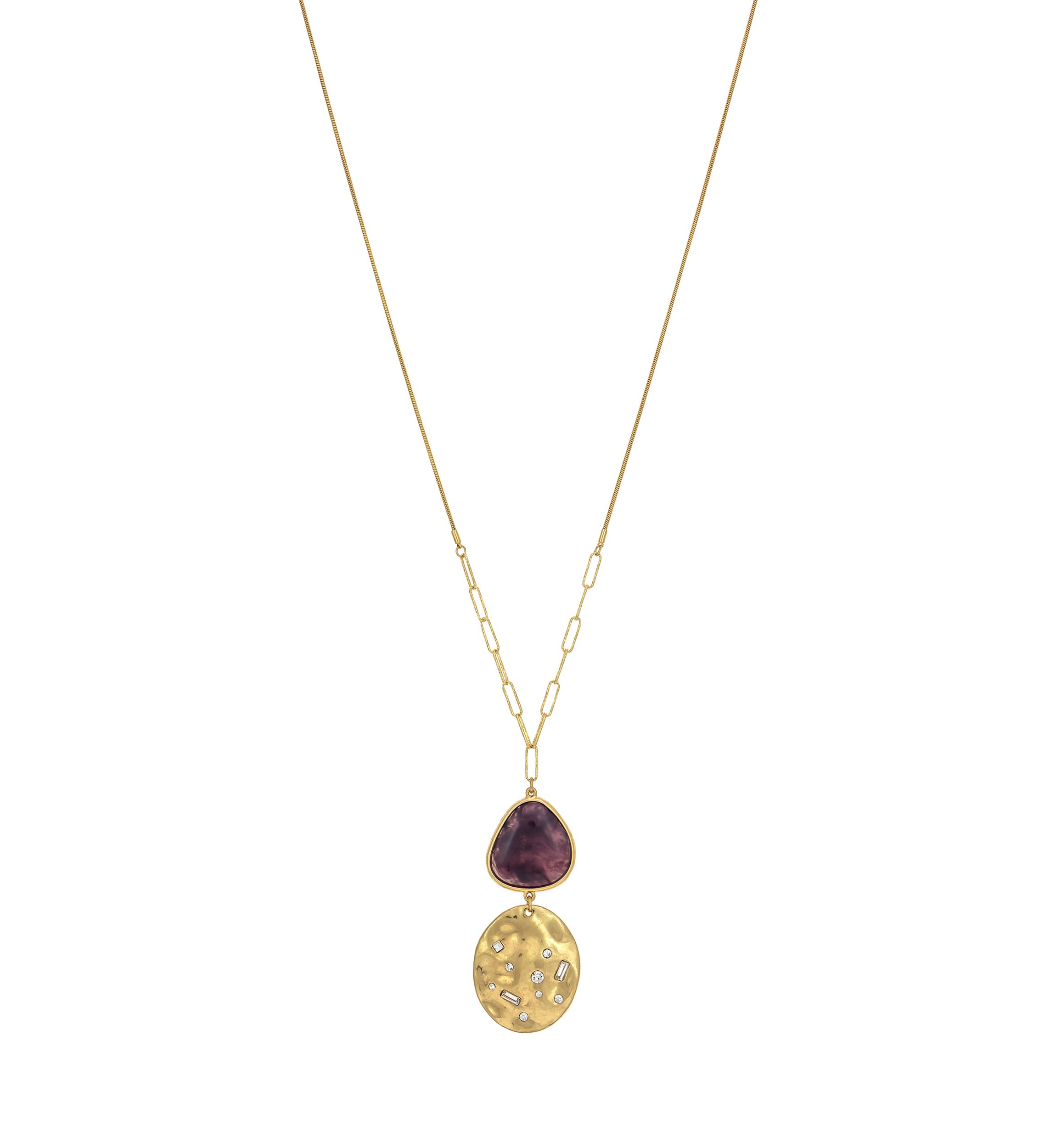 Gold Tone Long Chain with Oval Disc and Purple Stone Pendant Drop Necklace