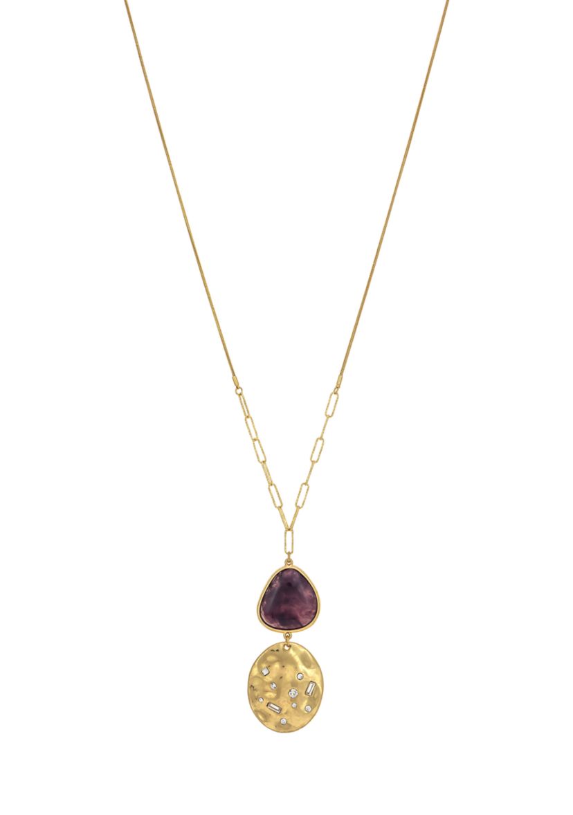 Gold Tone Long Chain with Oval Disc and Purple Stone Pendant Drop Necklace