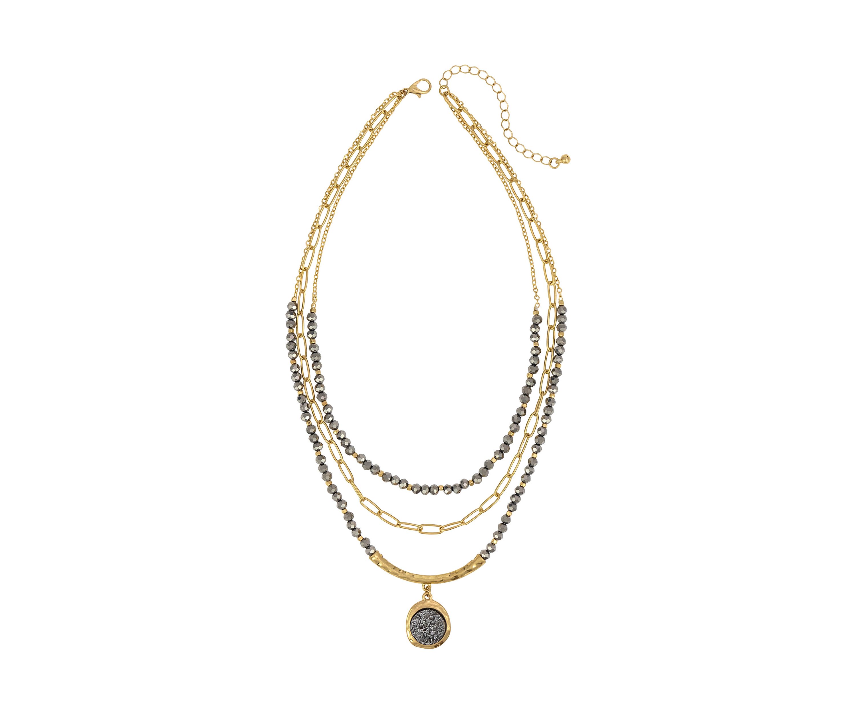 Gold Tone Layered 3 Row Beaded Necklace