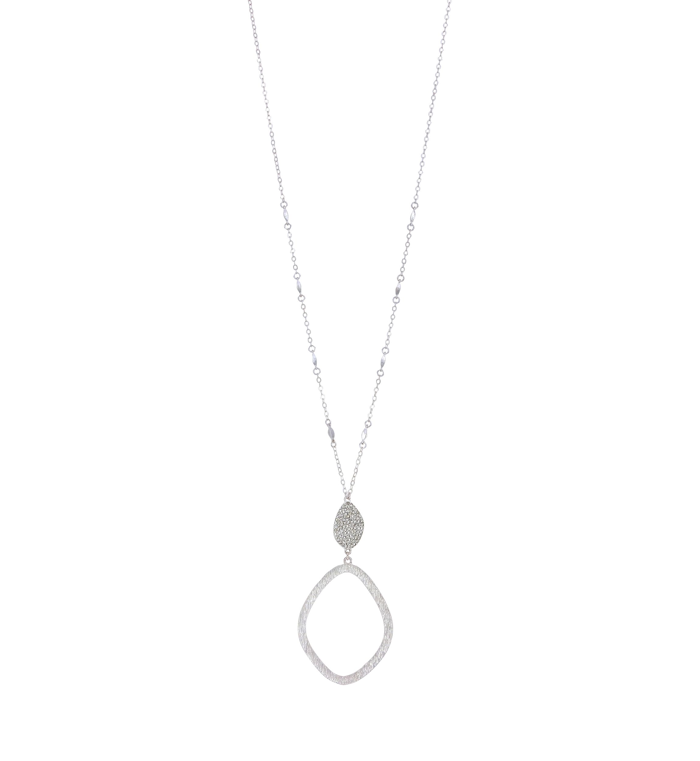 Silver Tone Long Chain Pavé Disc with Open Pendant Necklace