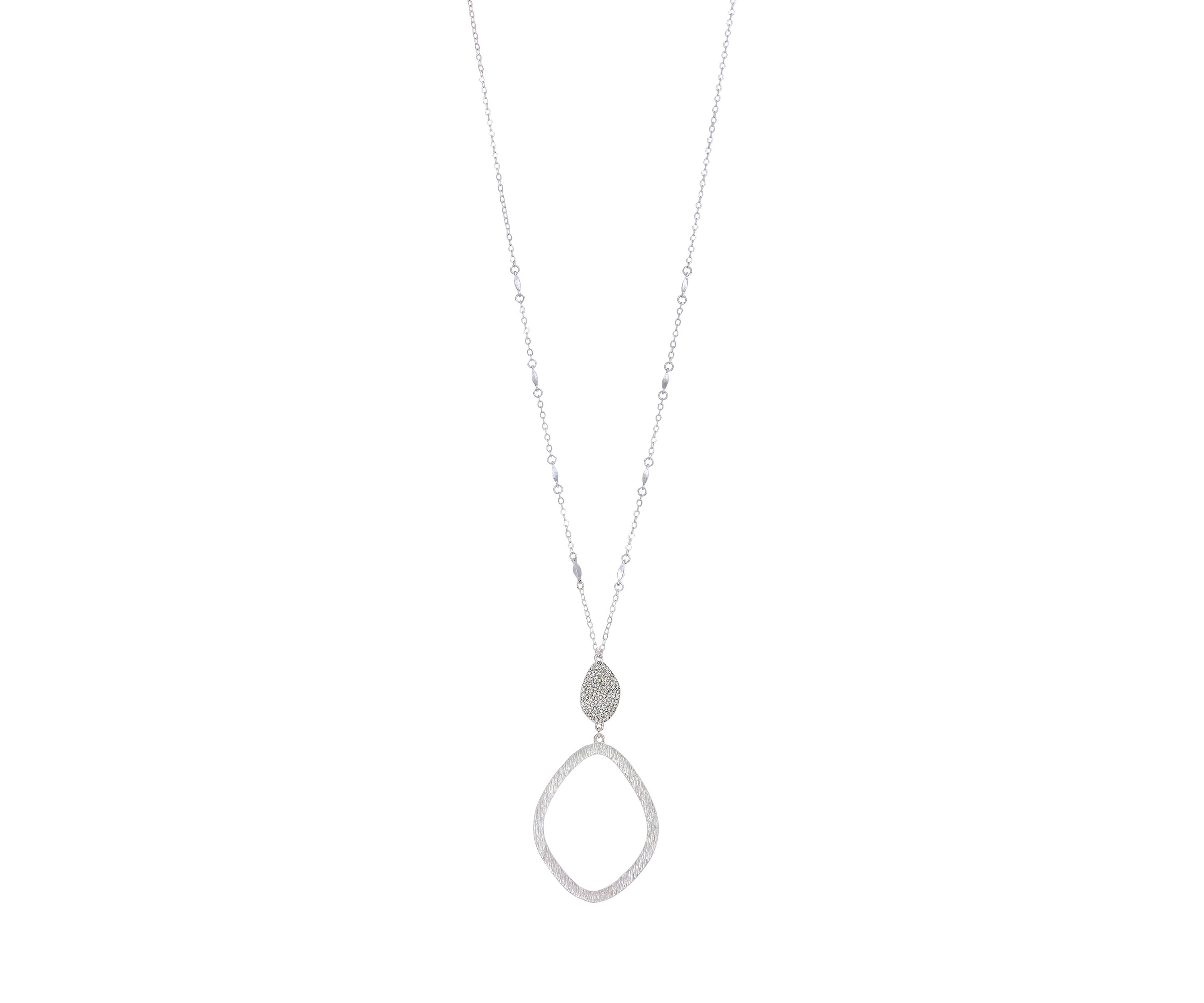 Silver Tone Long Chain Pavé Disc with Open Pendant Necklace