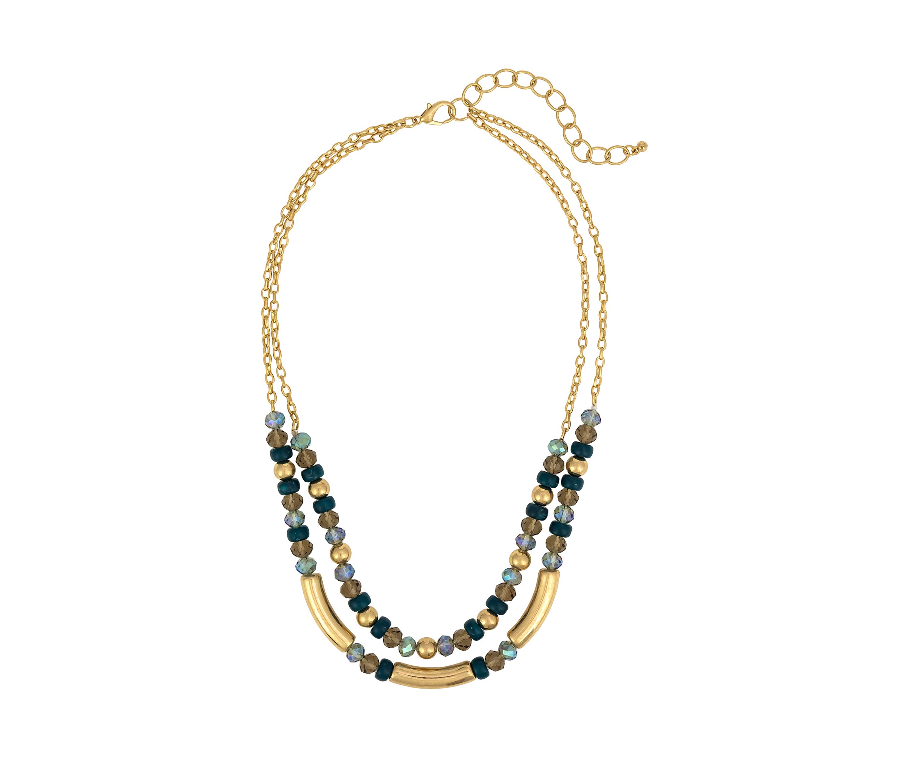Gold Tone 2 Row Multi Colored Beaded Frontal Necklace