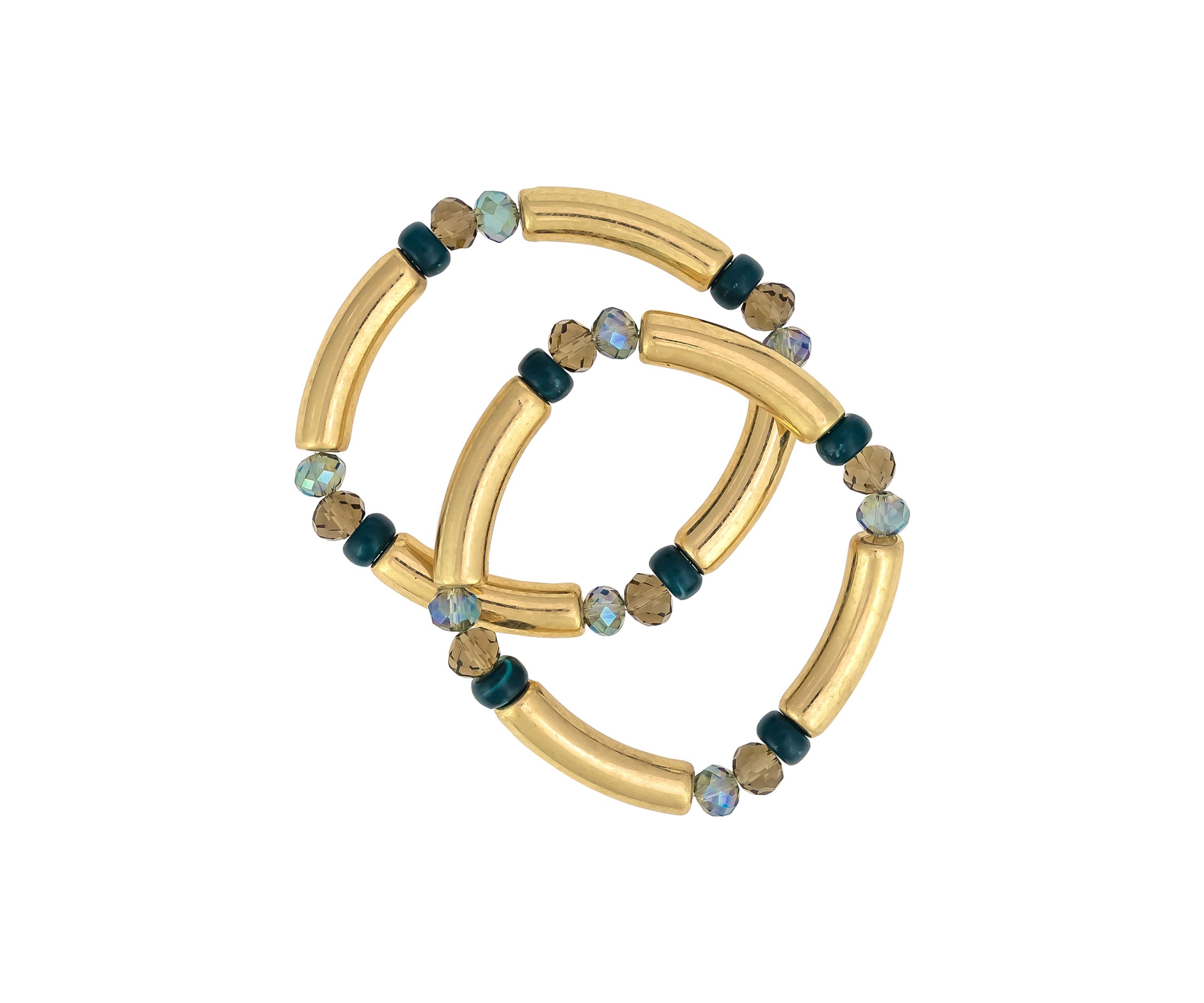 Gold Tone 2 Row Multi Colored Beaded Stretch Bracelet Set