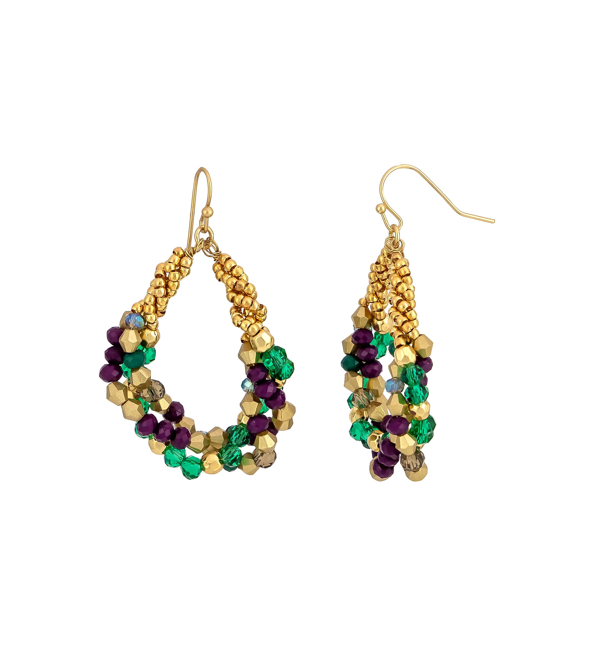 Gold Tone Multi Colored Woven Beaded Hoop Earrings