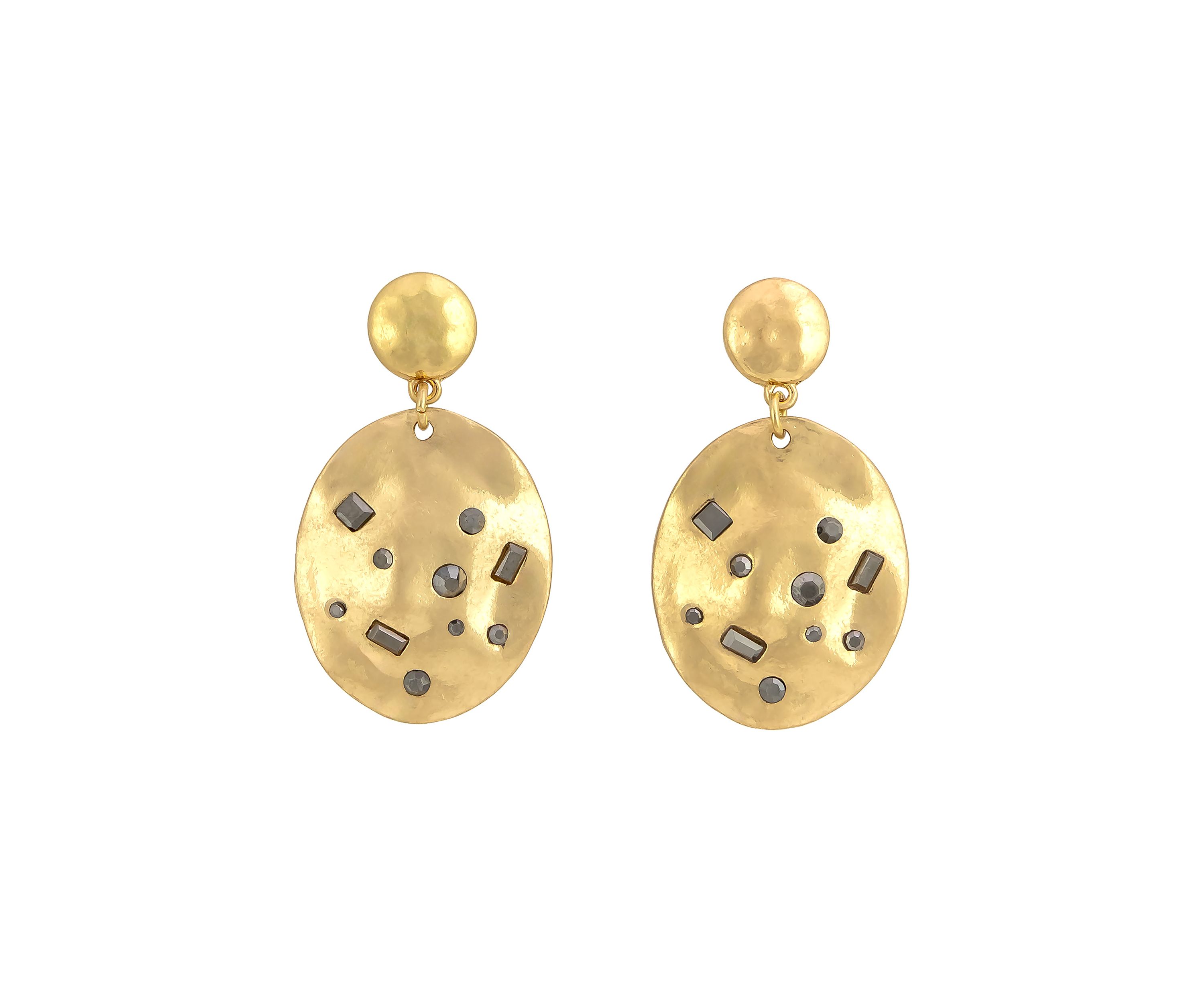 Gold Tone Hammered Oval Drop with Hematite Scattered Stones Earrings