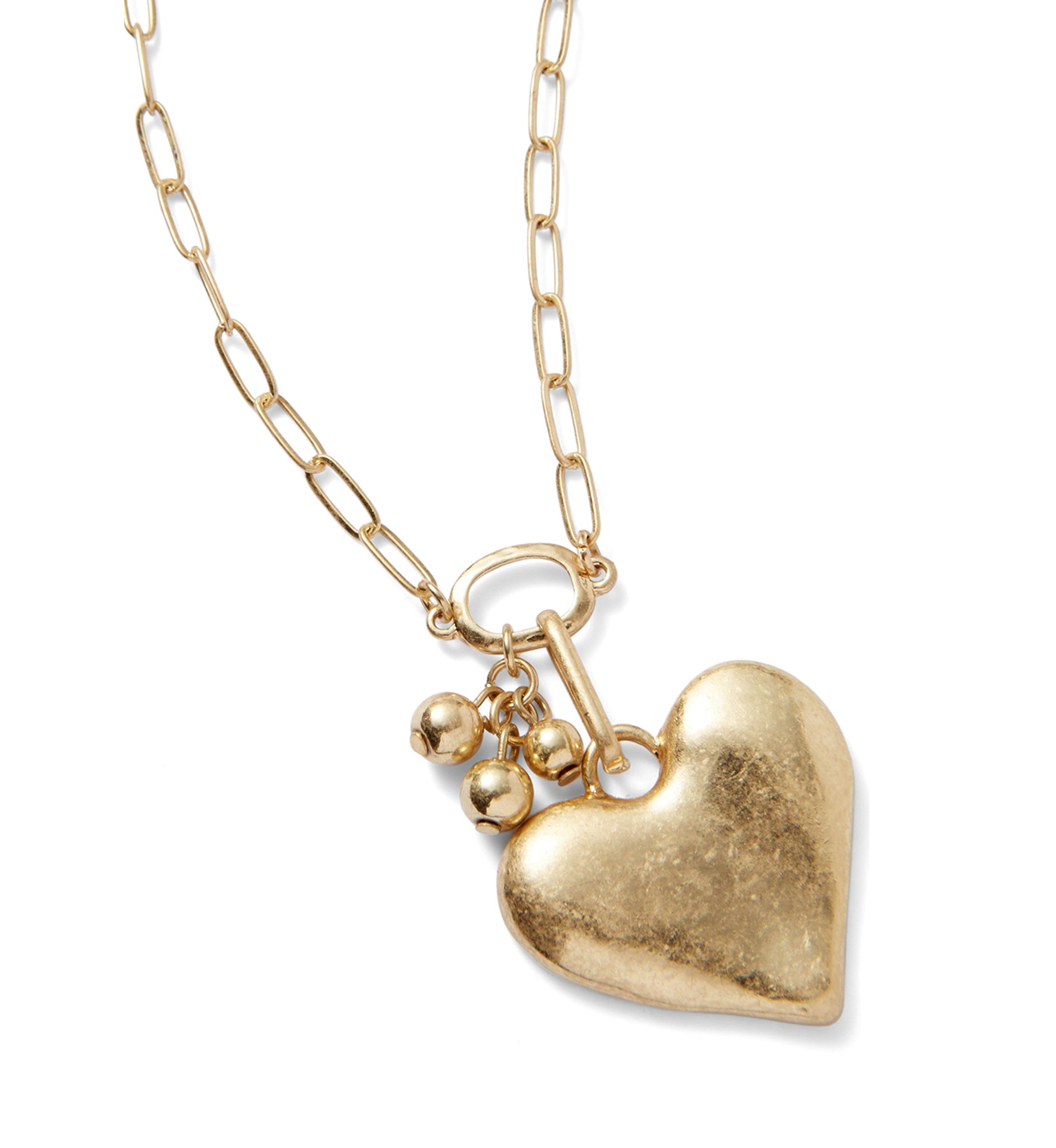 Gold Tone Heart Pendant Open Link Chain Necklace
