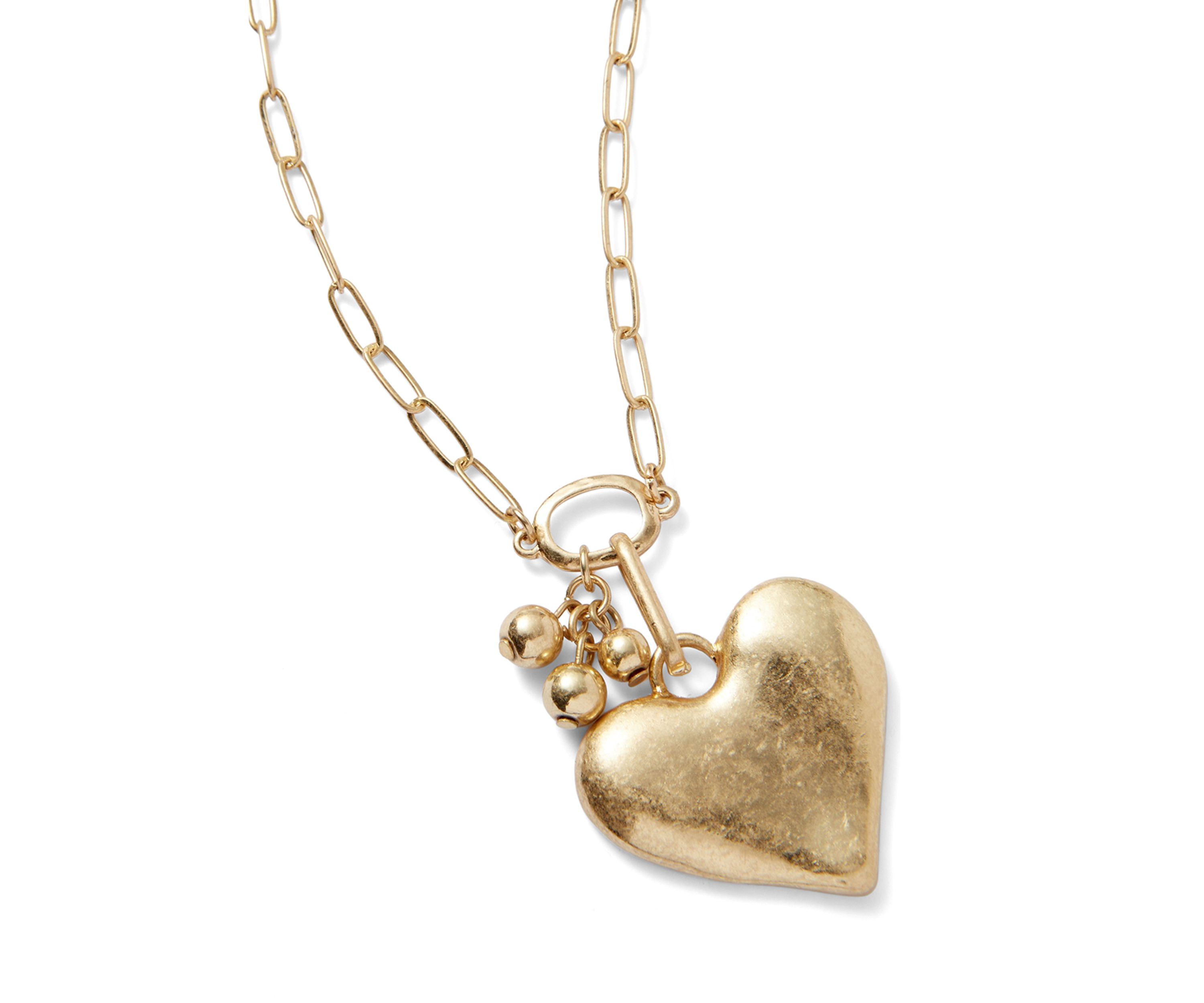 Gold Tone Heart Pendant Open Link Chain Necklace