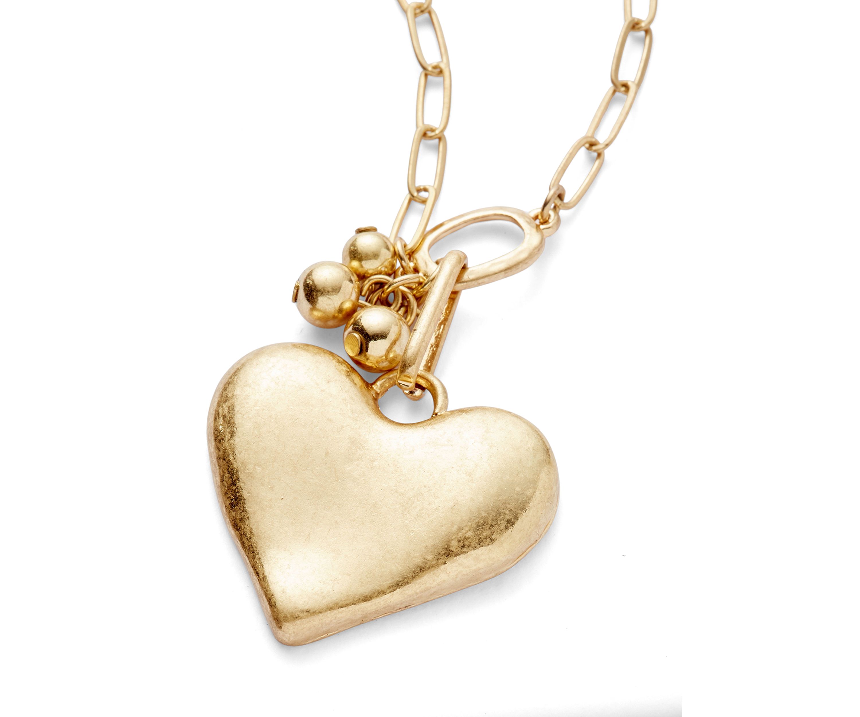 Gold Tone Heart Pendant Open Link Chain Necklace
