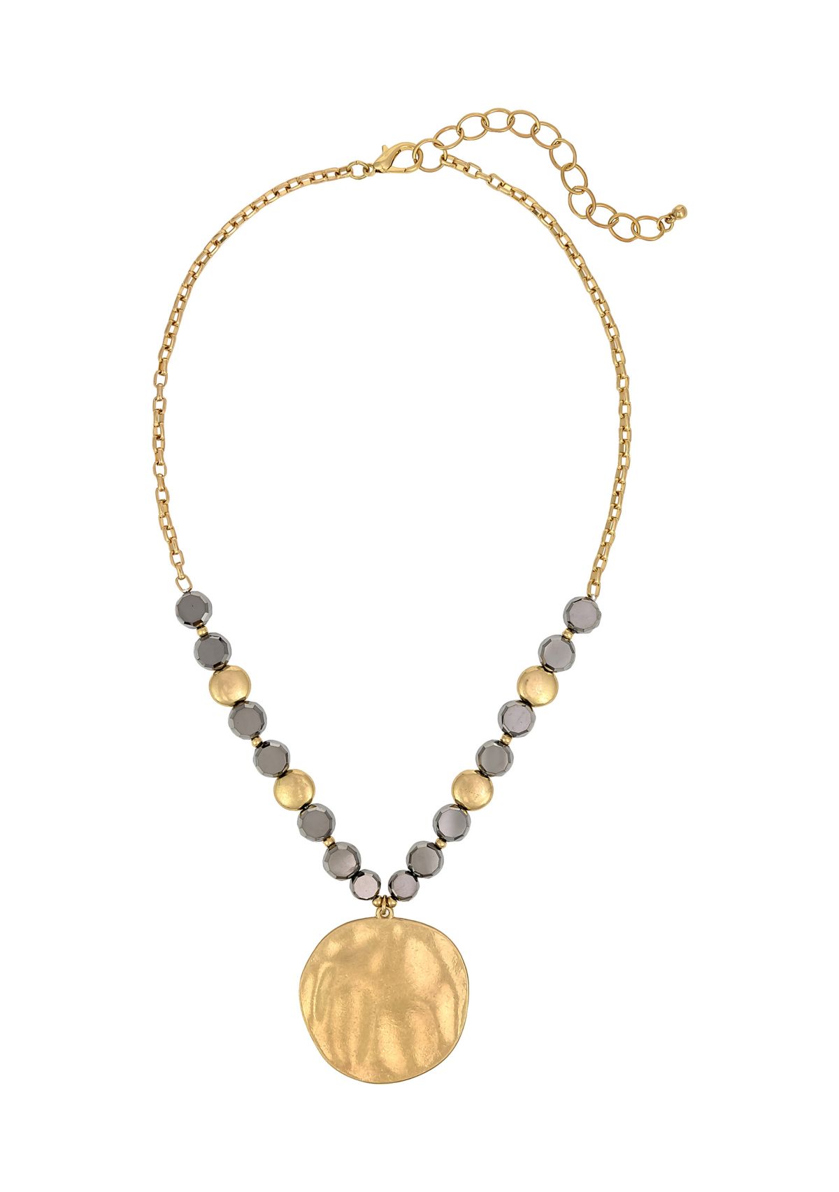 Gold Tone Short Hematite and Gold Beaded Round Disc Pendant Necklace