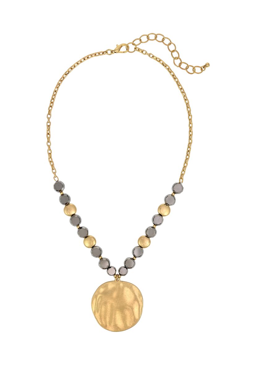 Gold Tone Short Hematite and Gold Beaded Round Disc Pendant Necklace