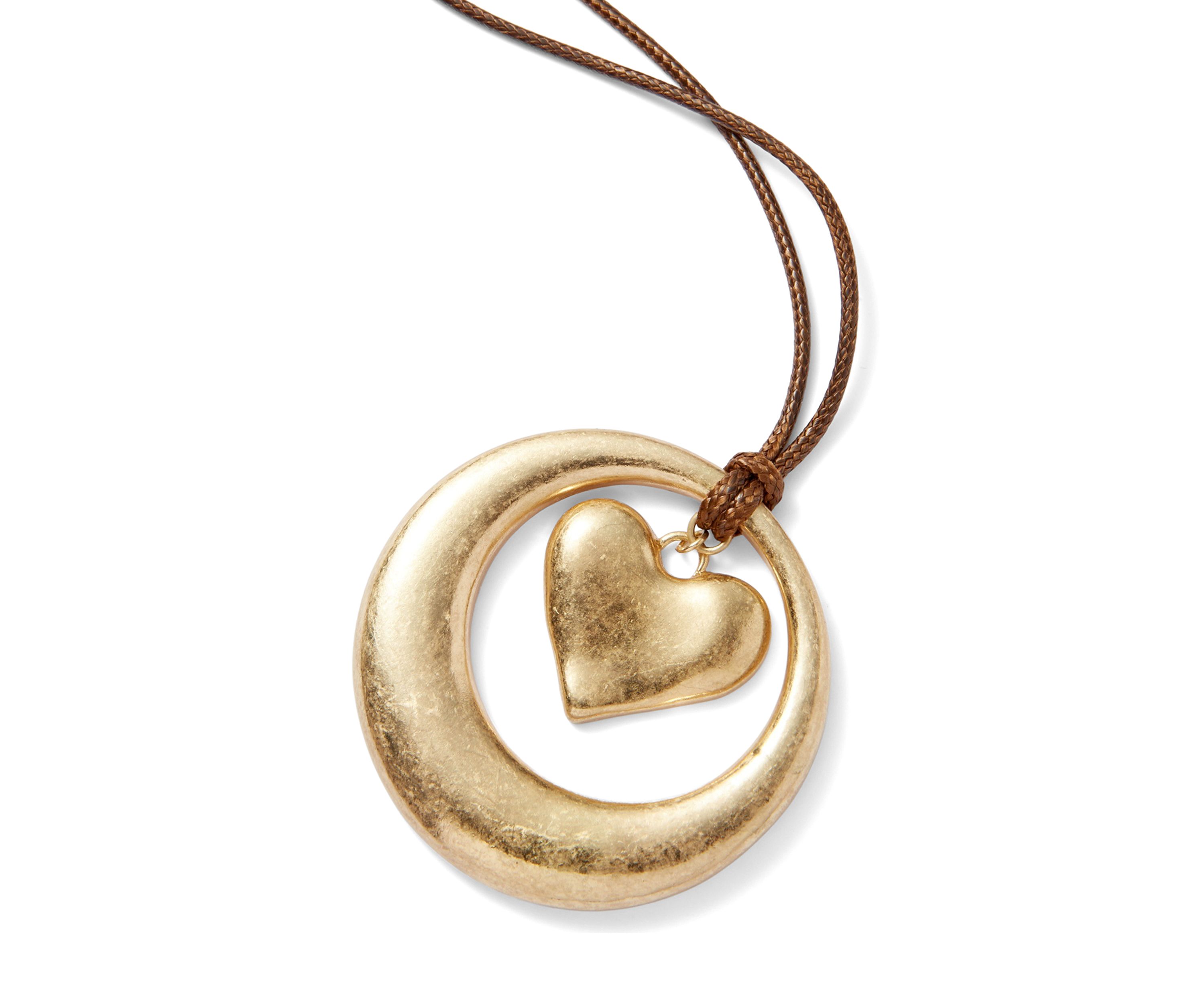 Gold Tone Brown Cord Long Orbital Heart Pendant Necklace