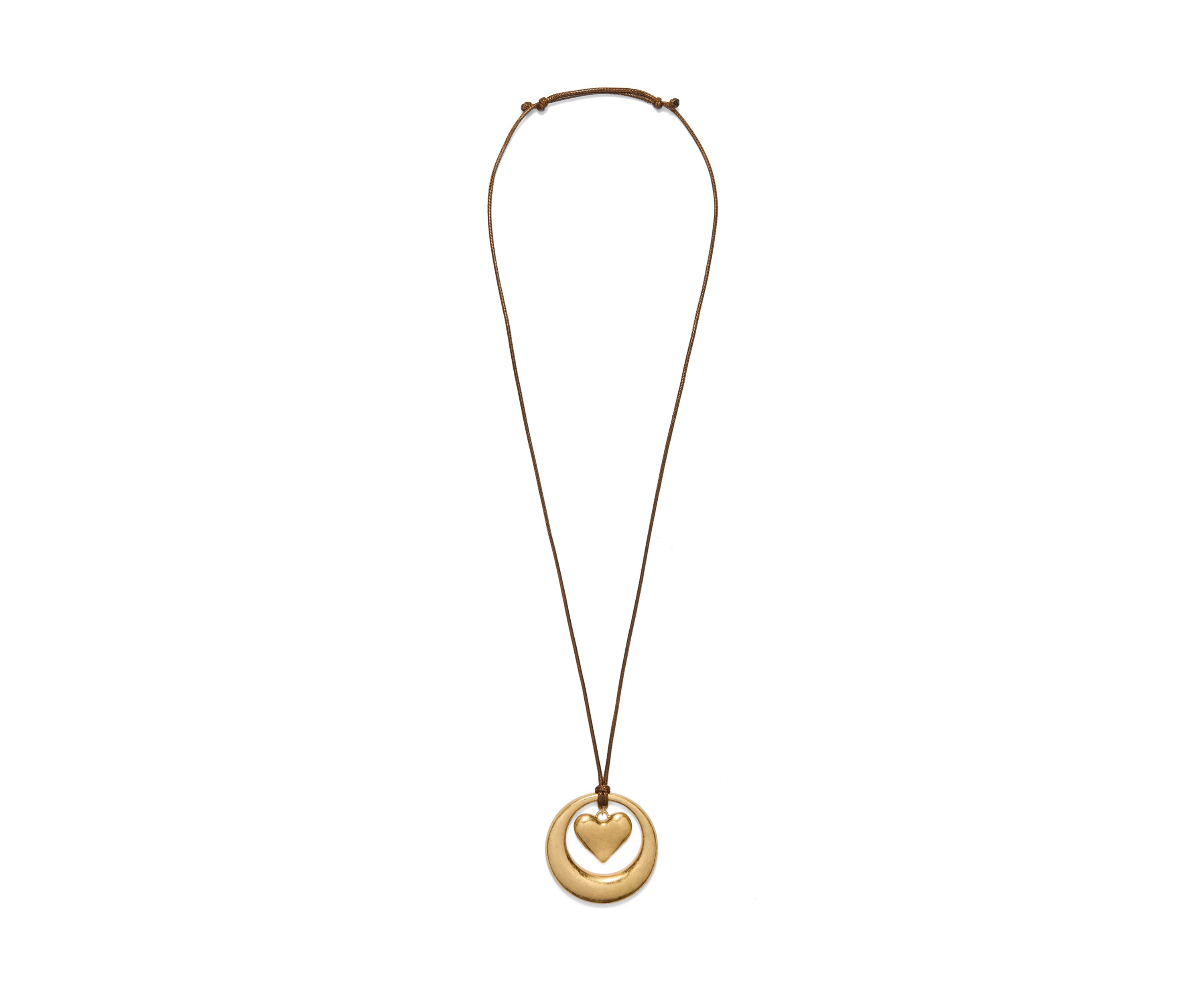 Gold Tone Brown Cord Long Orbital Heart Pendant Necklace