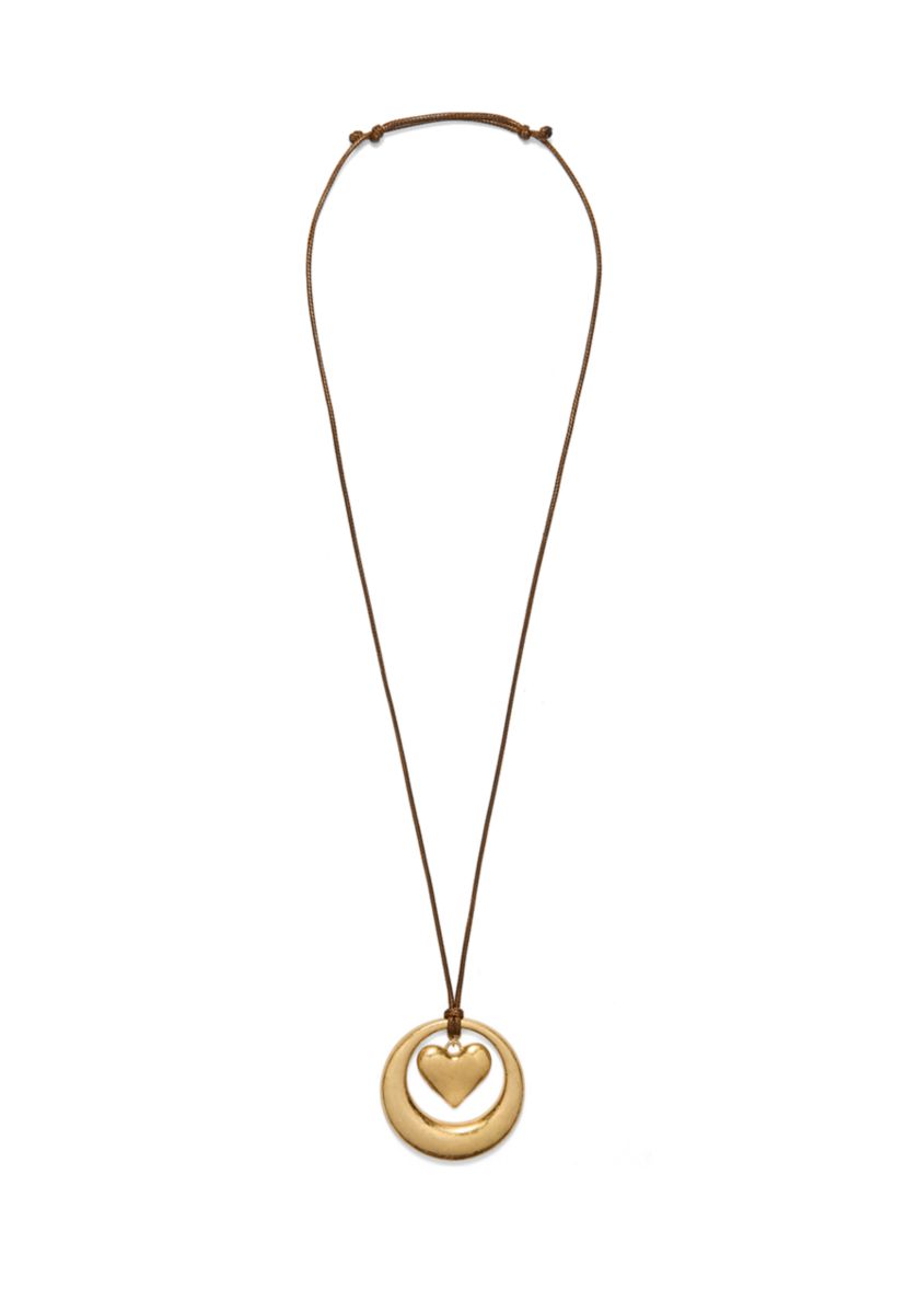 Gold Tone Brown Cord Long Orbital Heart Pendant Necklace