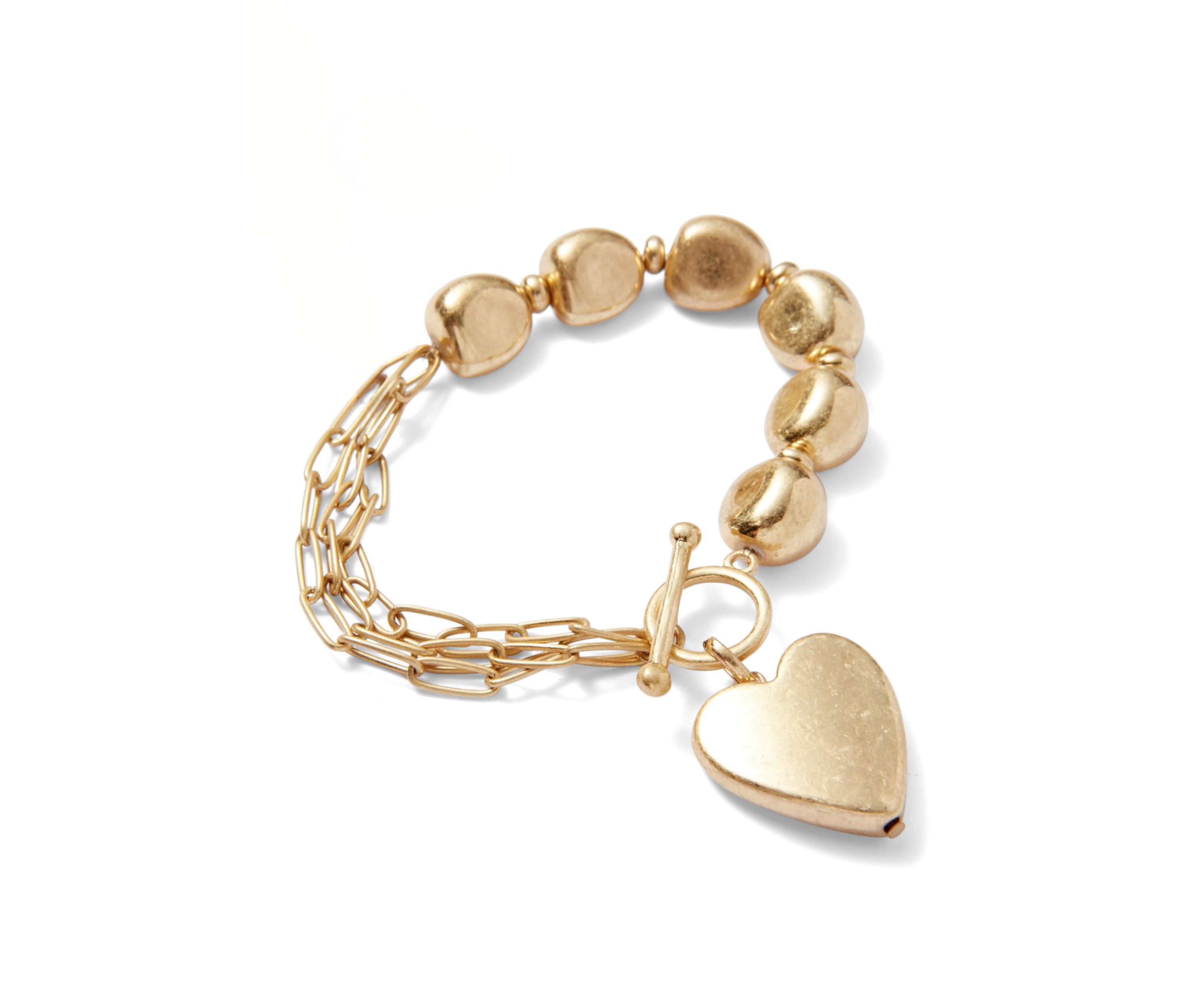 Gold Tone Bead Chain Toggle Heart Drop Bracelet