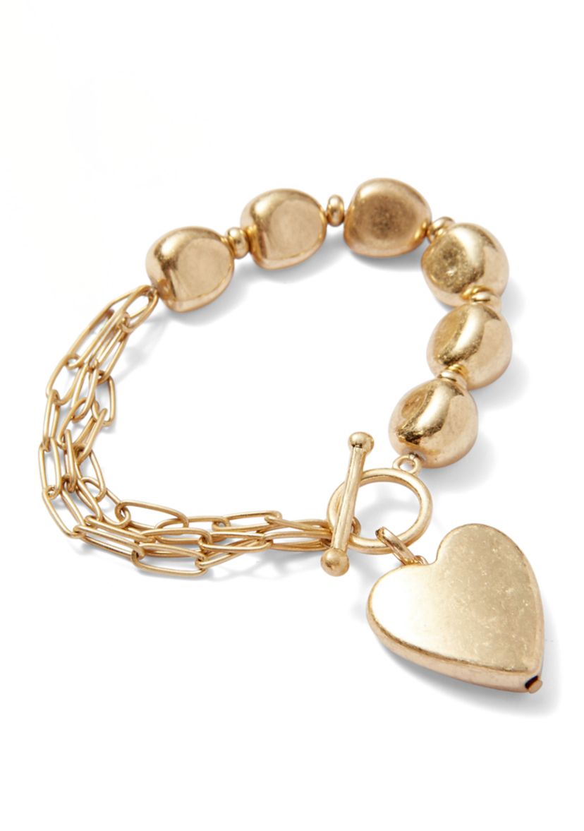 Gold Tone Bead Chain Toggle Heart Drop Bracelet
