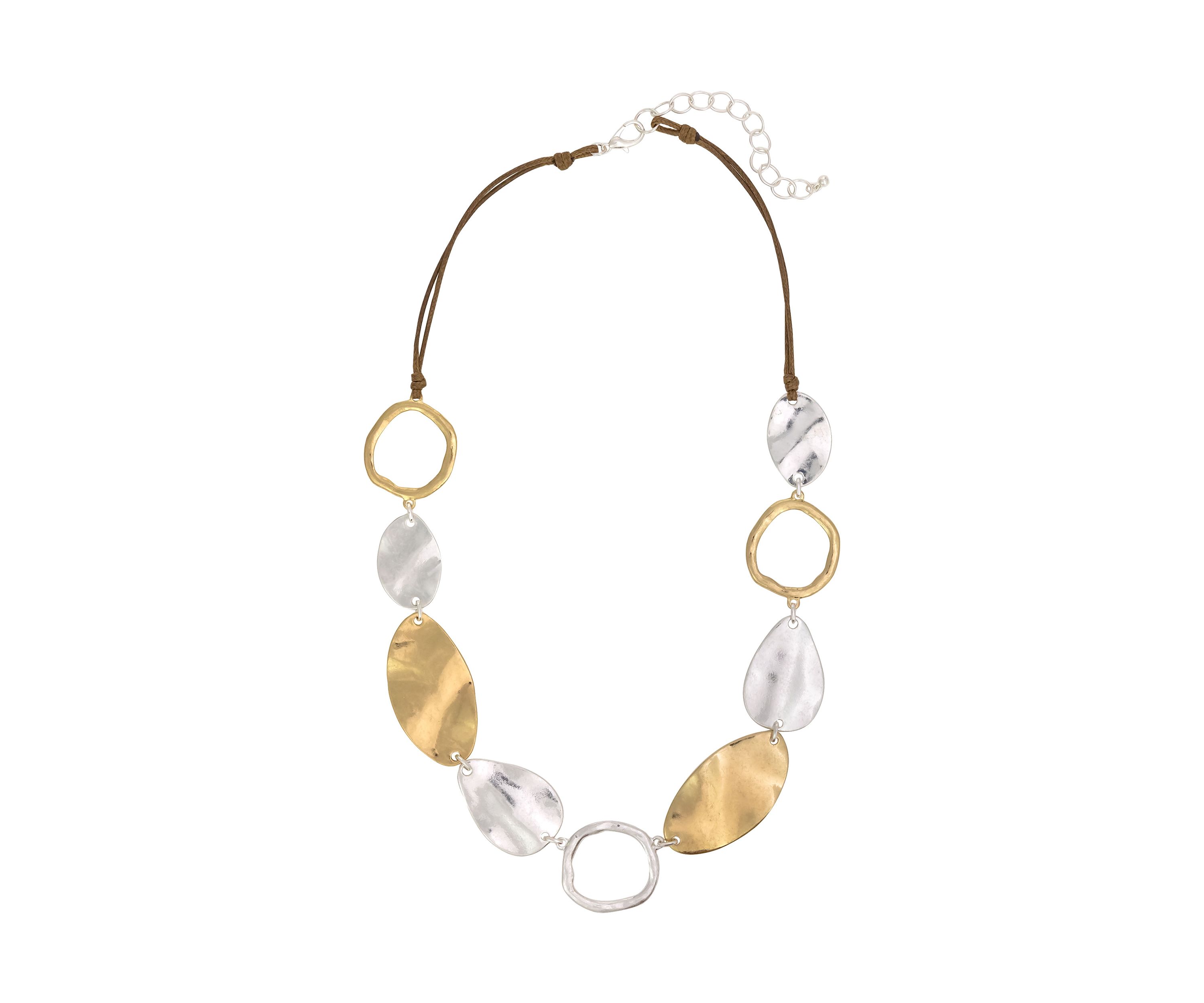 Two-Tone Mix Hammered Link and Oval Disc Frontal Necklace