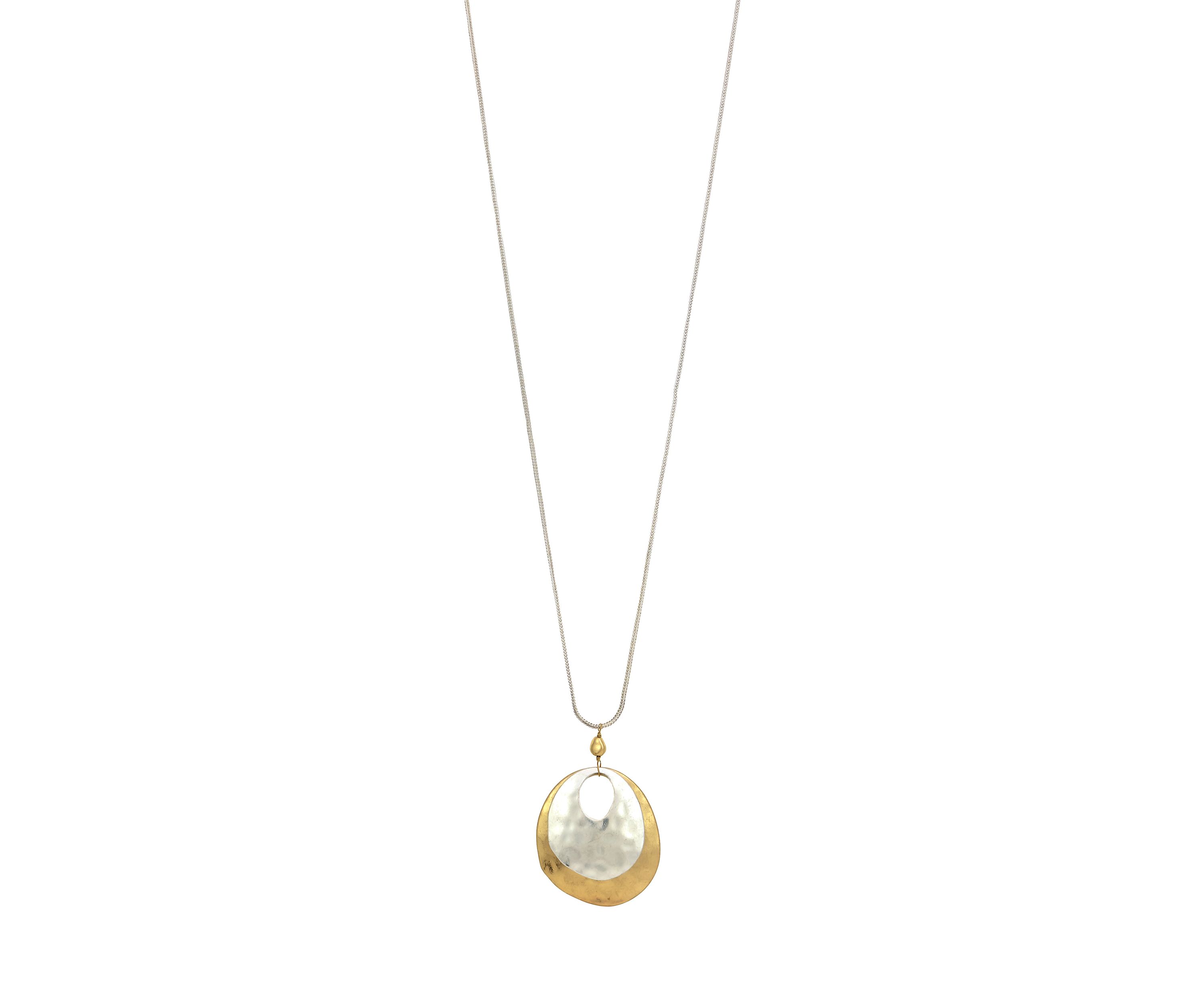 Two Tone Long Hammered Layered Double Donut Disc Pendant Necklace