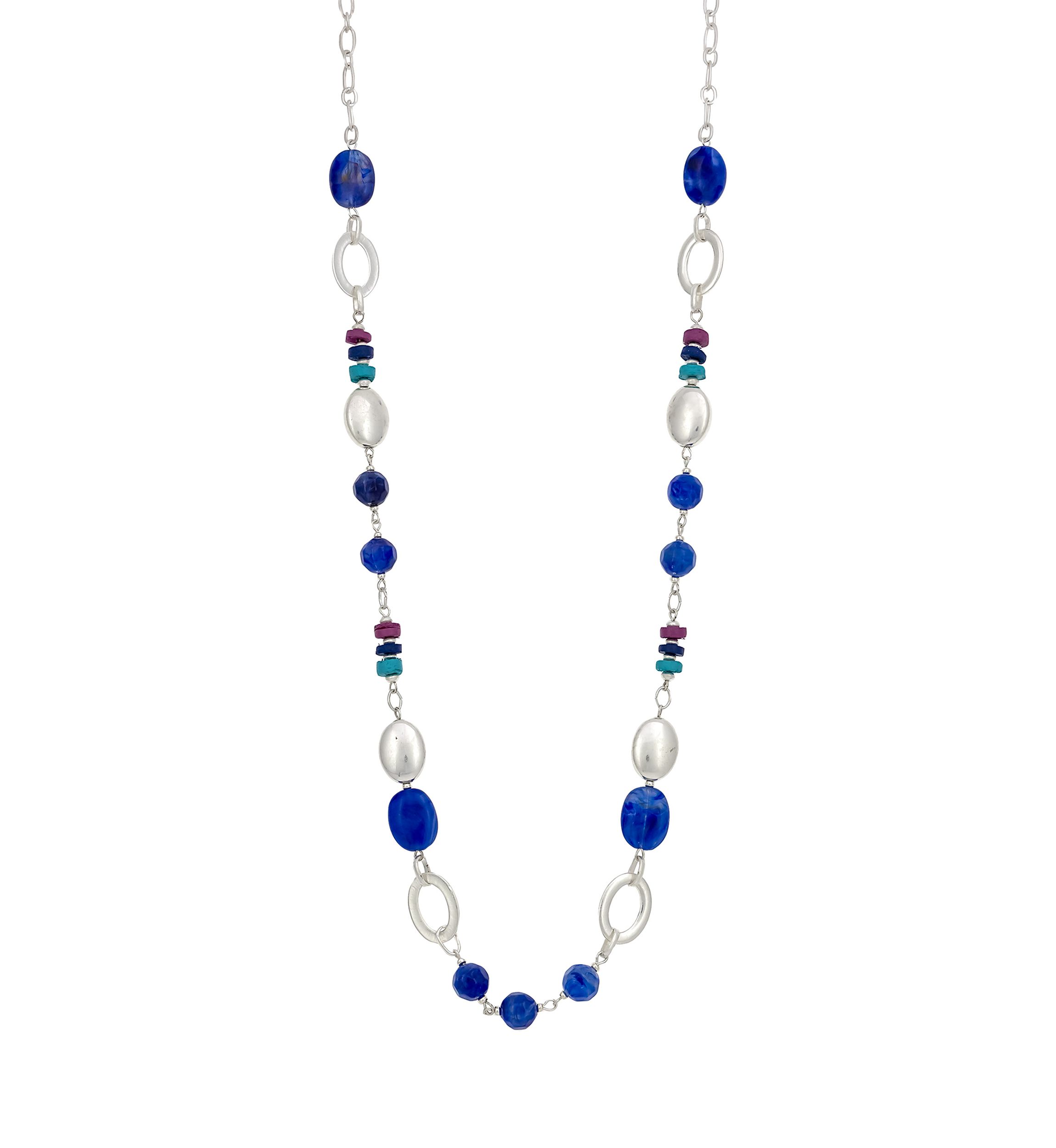 Silver Tone Blue Multi Single Row Long Linked Bead Necklace