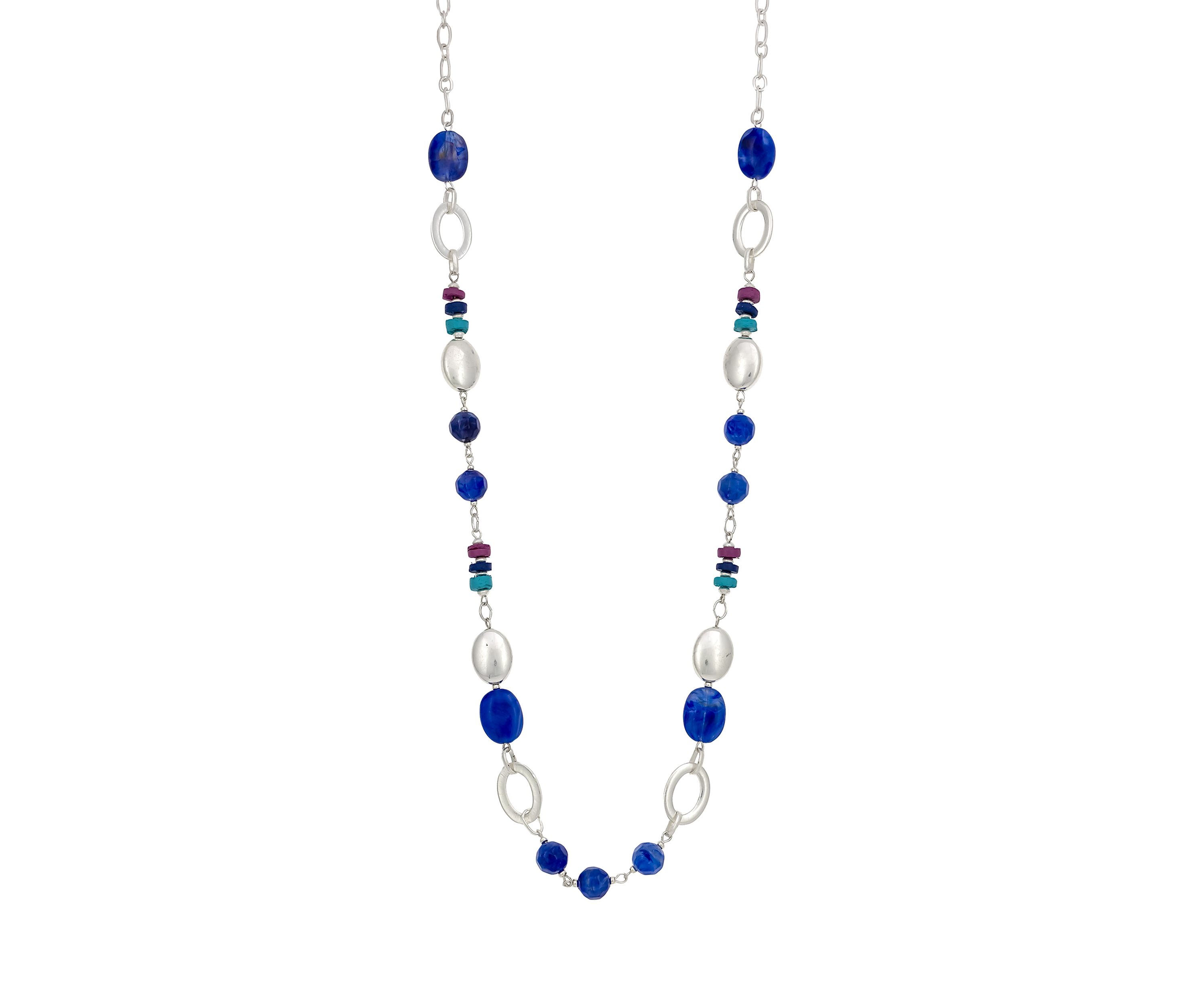 Silver Tone Blue Multi Single Row Long Linked Bead Necklace