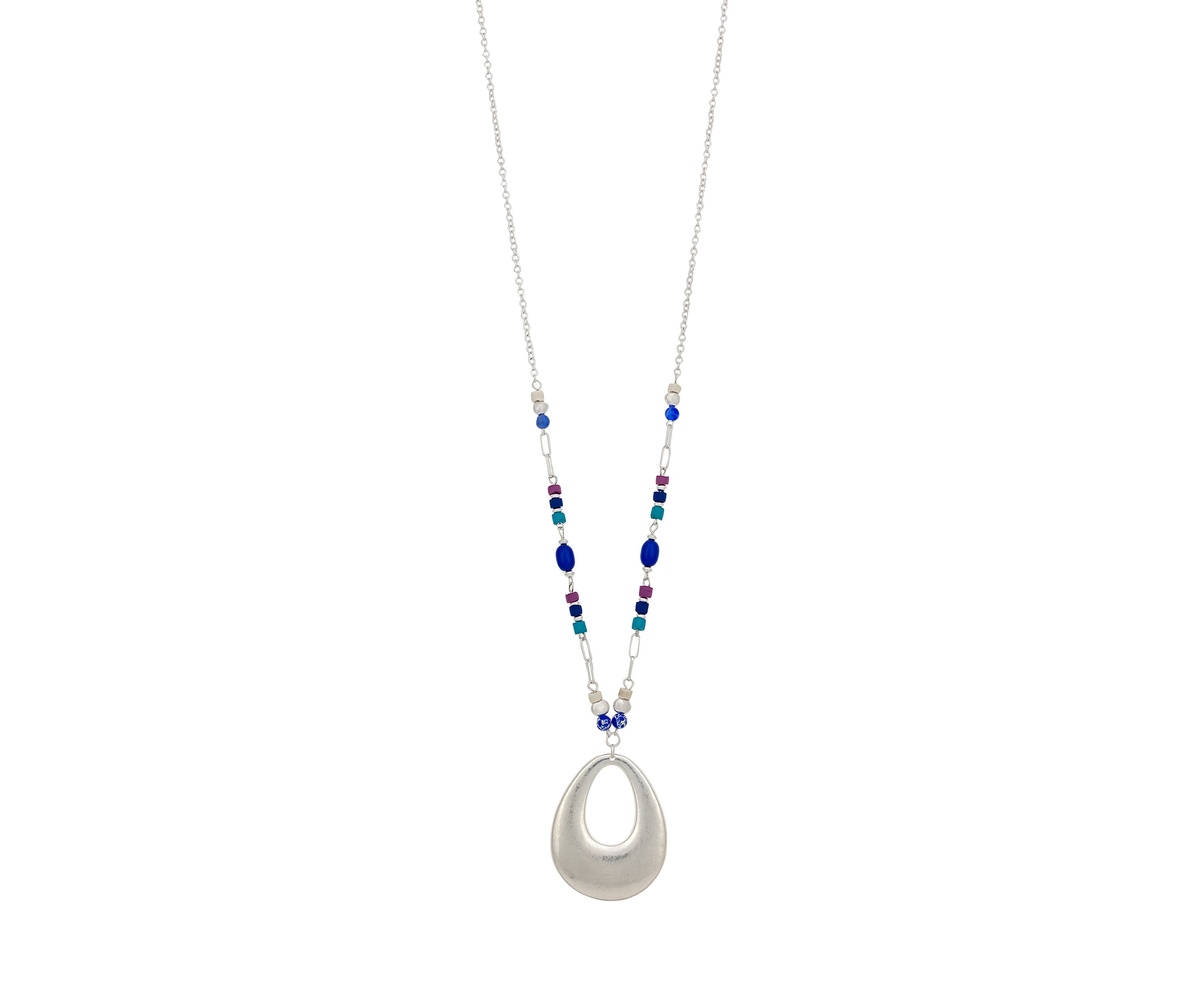 Silver Tone Long Open Teardrop Pendant on Chain with Multi Colored Beads Necklace