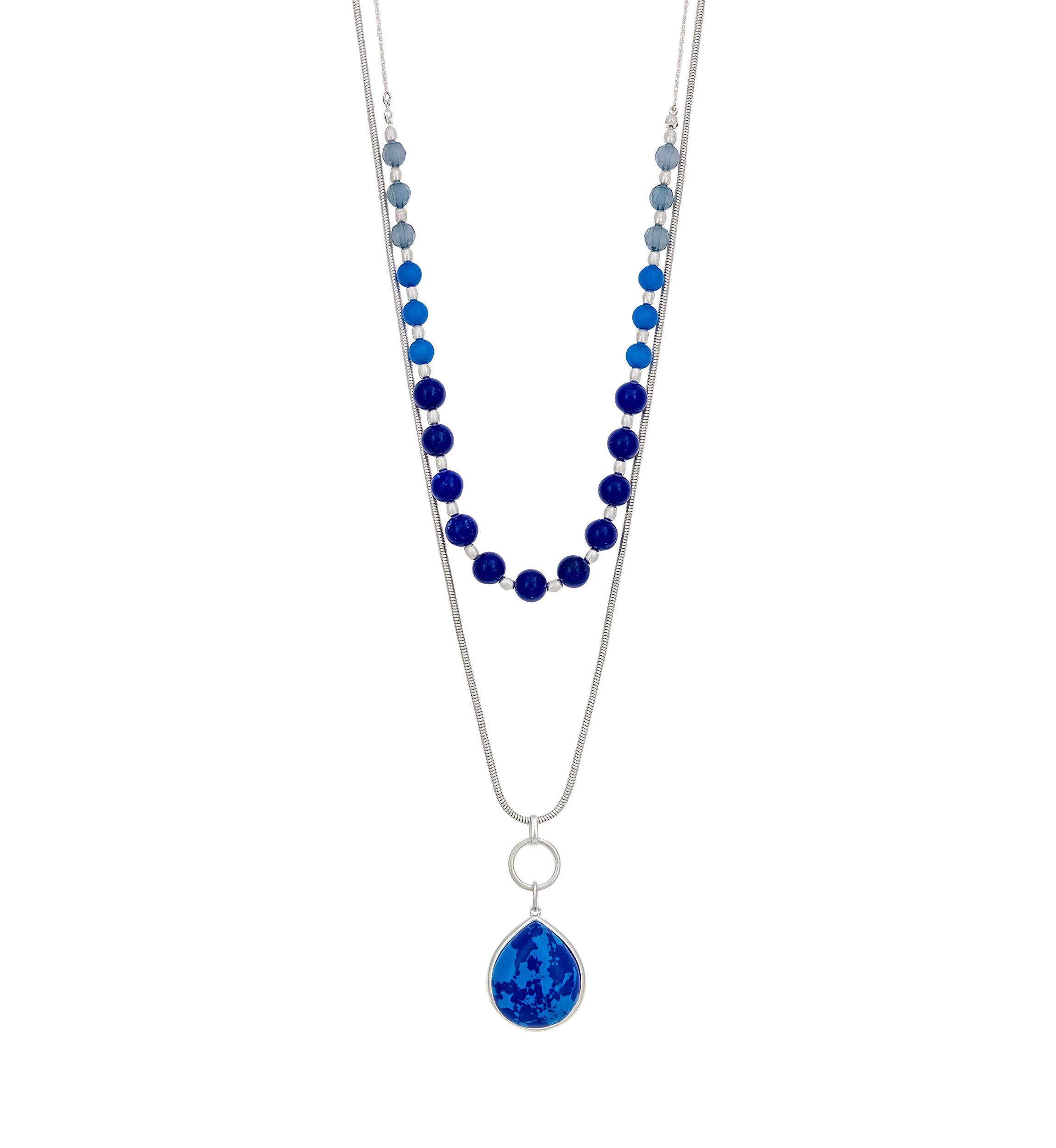 Silver Tone Layered Two Row Short Blue Beaded Row and Long Chain Row with Blue Teardrop Pendant Necklace