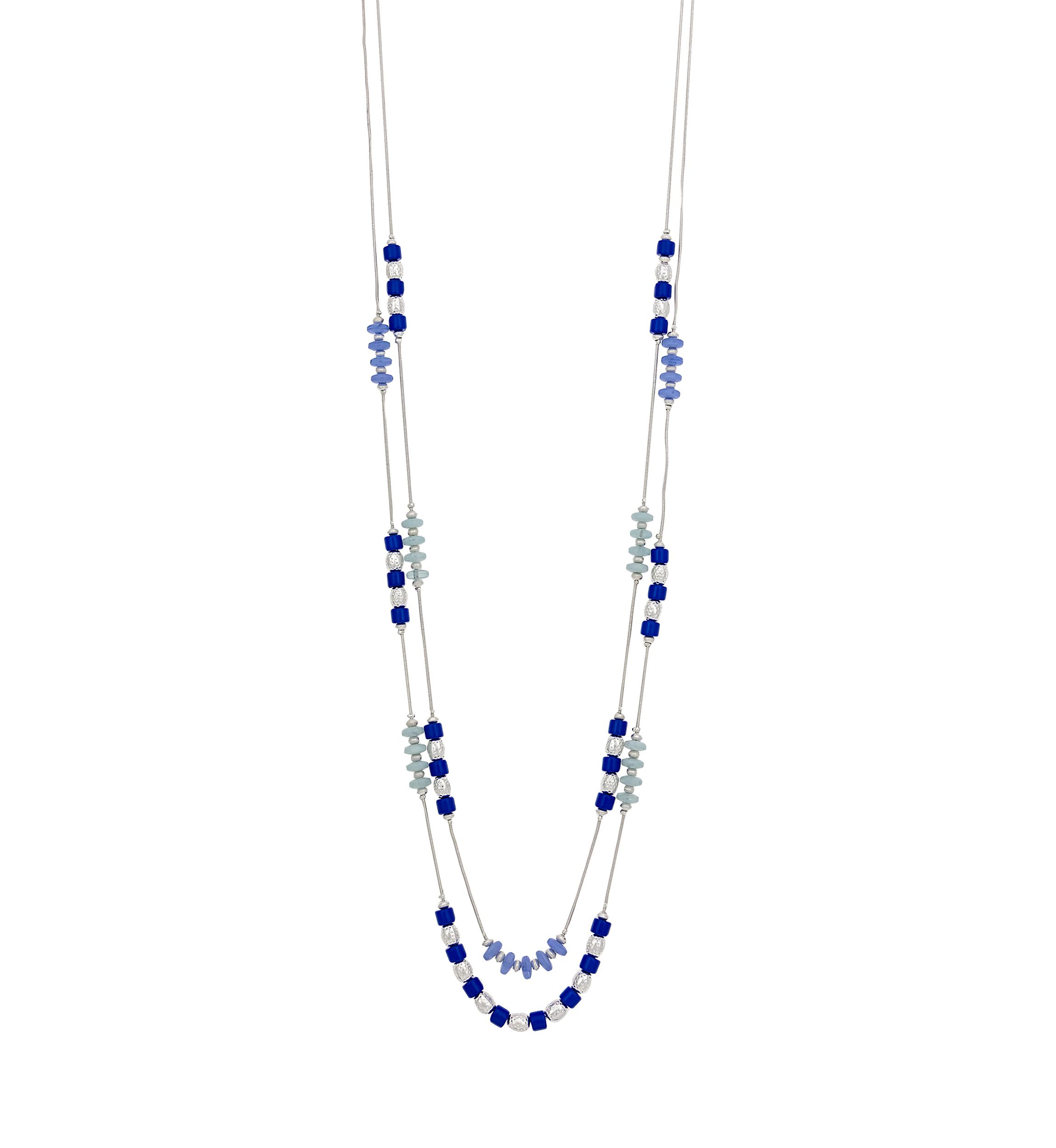 Silver Tone Two Row with Blue Bead Stations Long Necklace