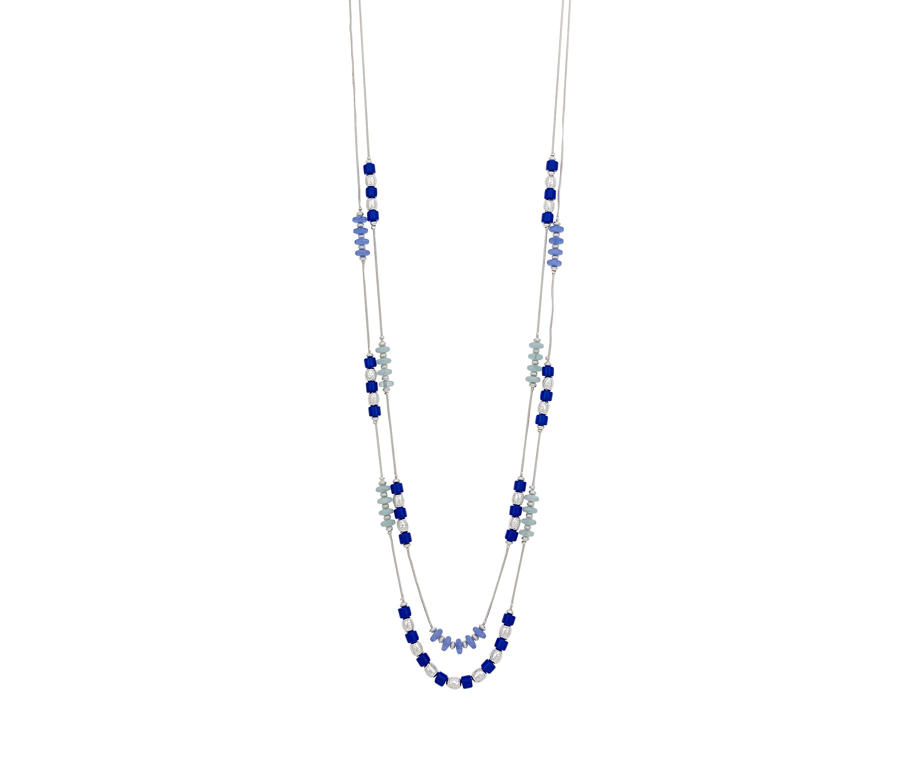 Silver Tone Two Row with Blue Bead Stations Long Necklace