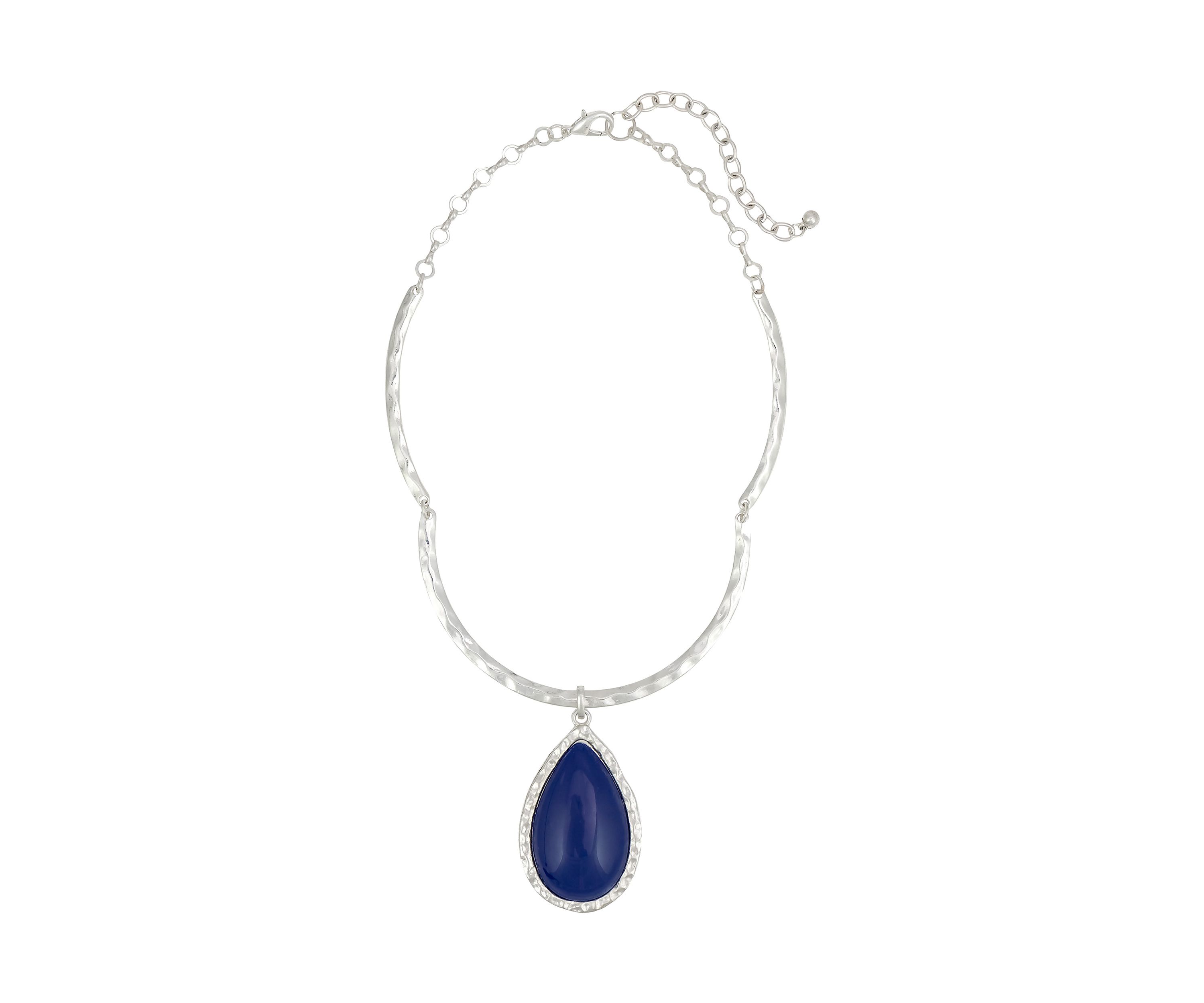 Silver Tone Blue Stone Teardrop Pendant on Collar Necklace