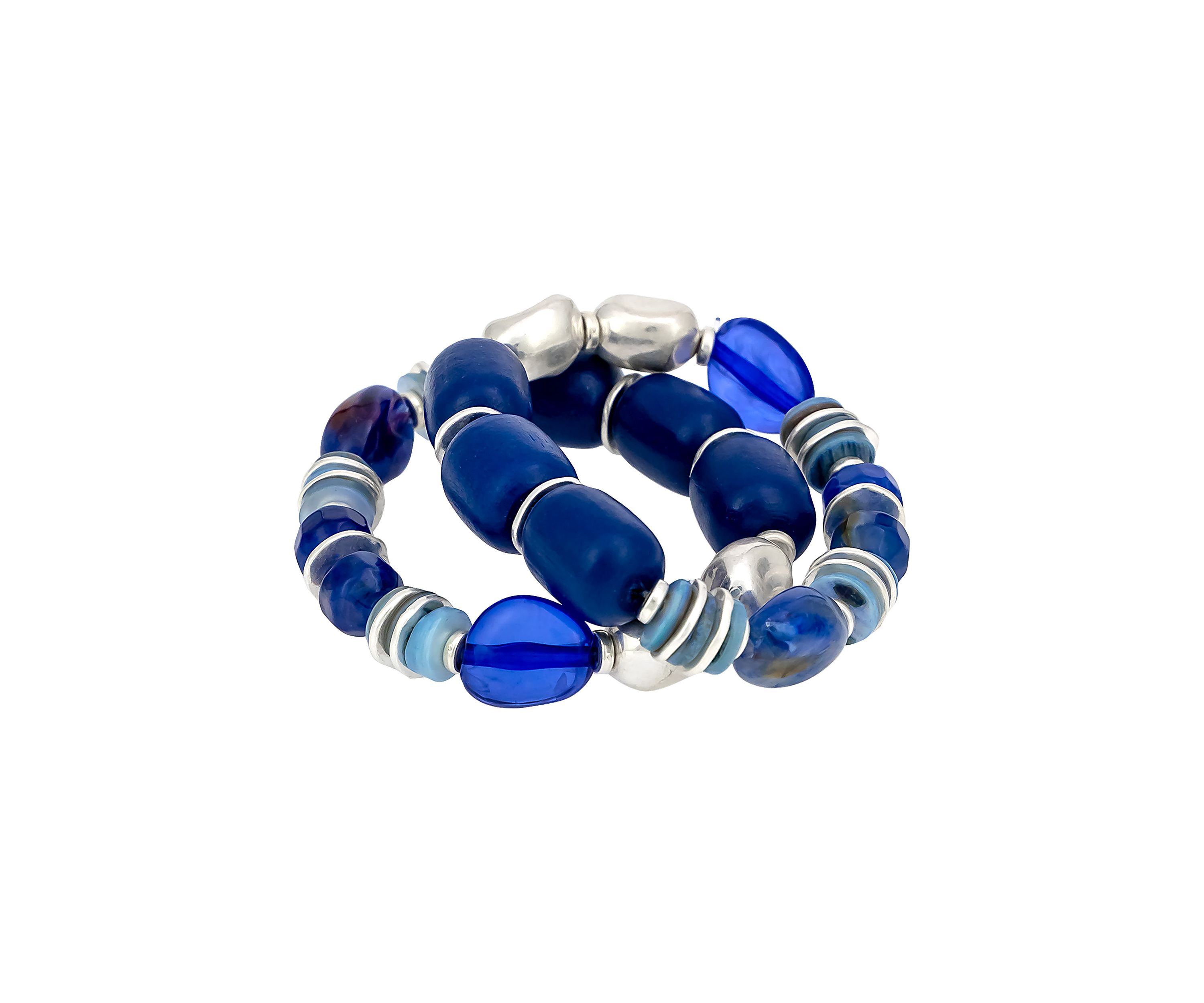 Silver Tone Blue and Metal Chunky Nugget Beaded Stretch Bracelet - Set of 2