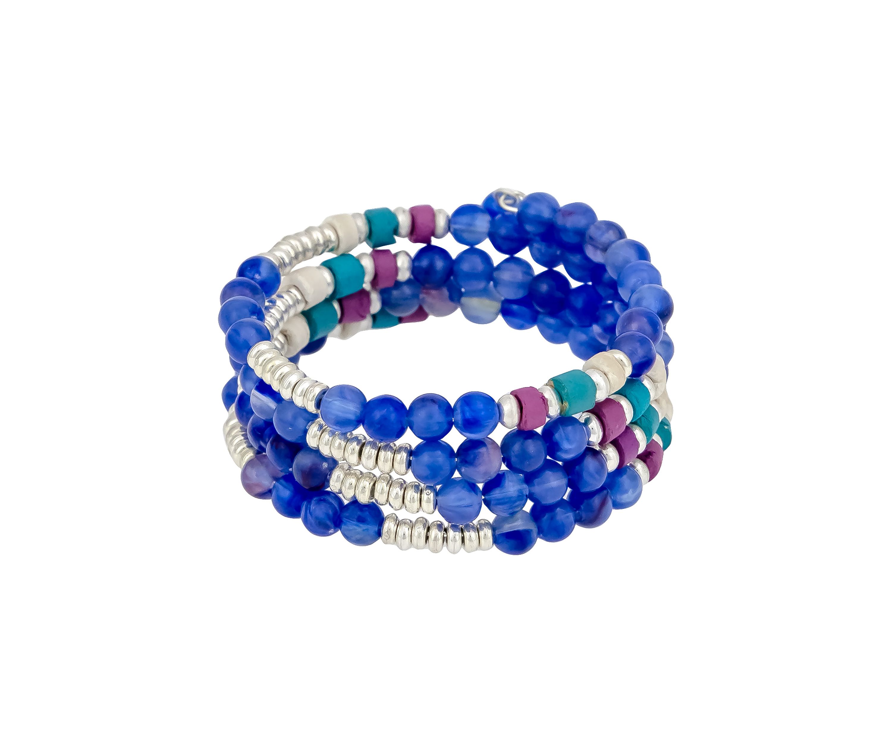 Silver Tone Blue and Multicolored Beaded Coil Bracelet