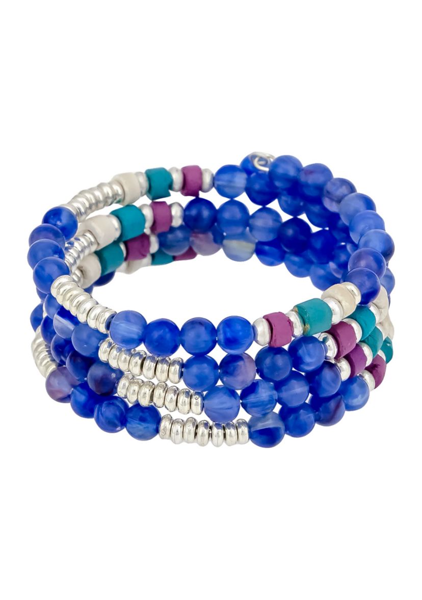 Silver Tone Blue and Multicolored Beaded Coil Bracelet