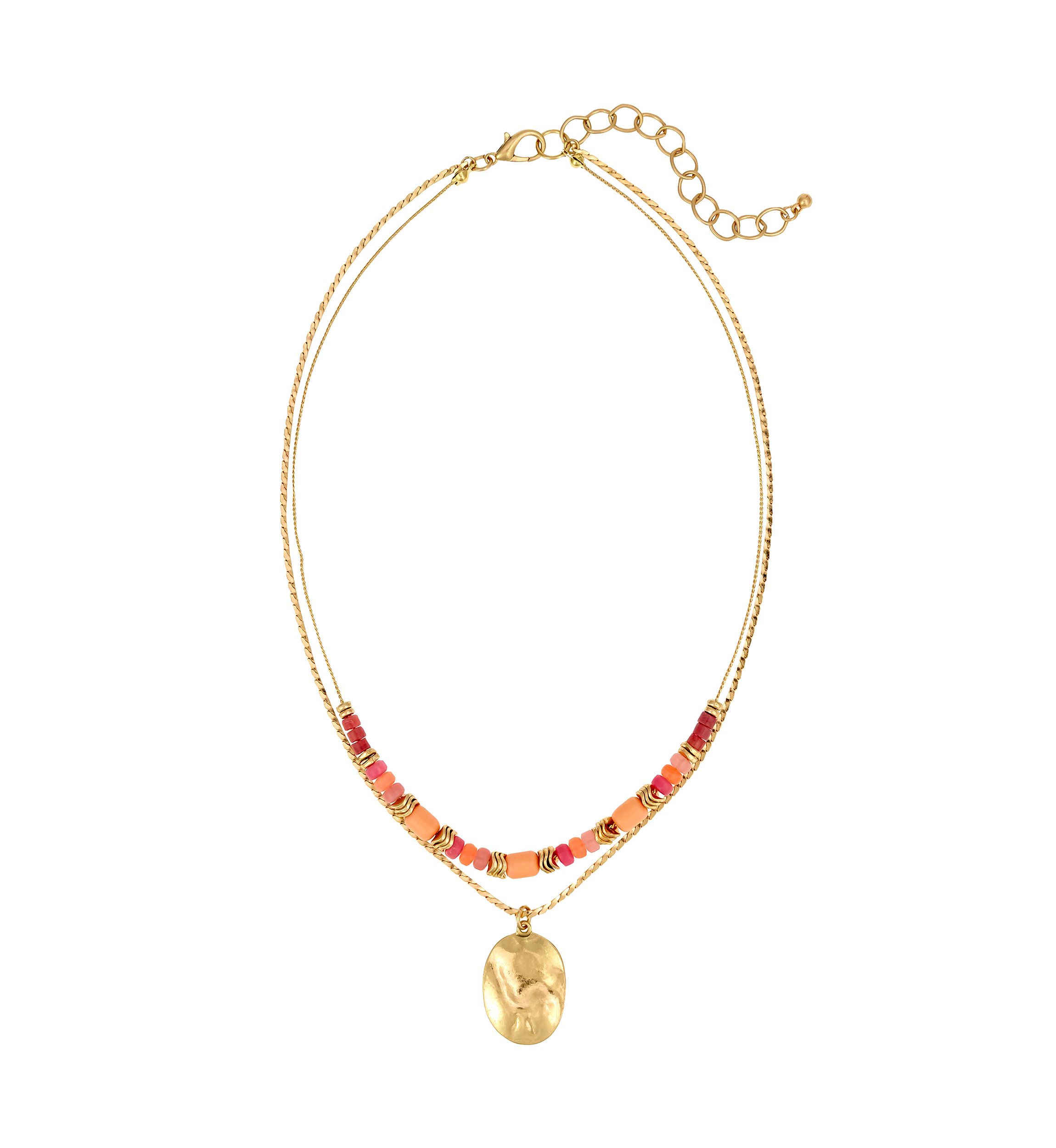 Gold-Tone 2 Row Short with Coral Multi Beads and Round Disc Drop Necklace
