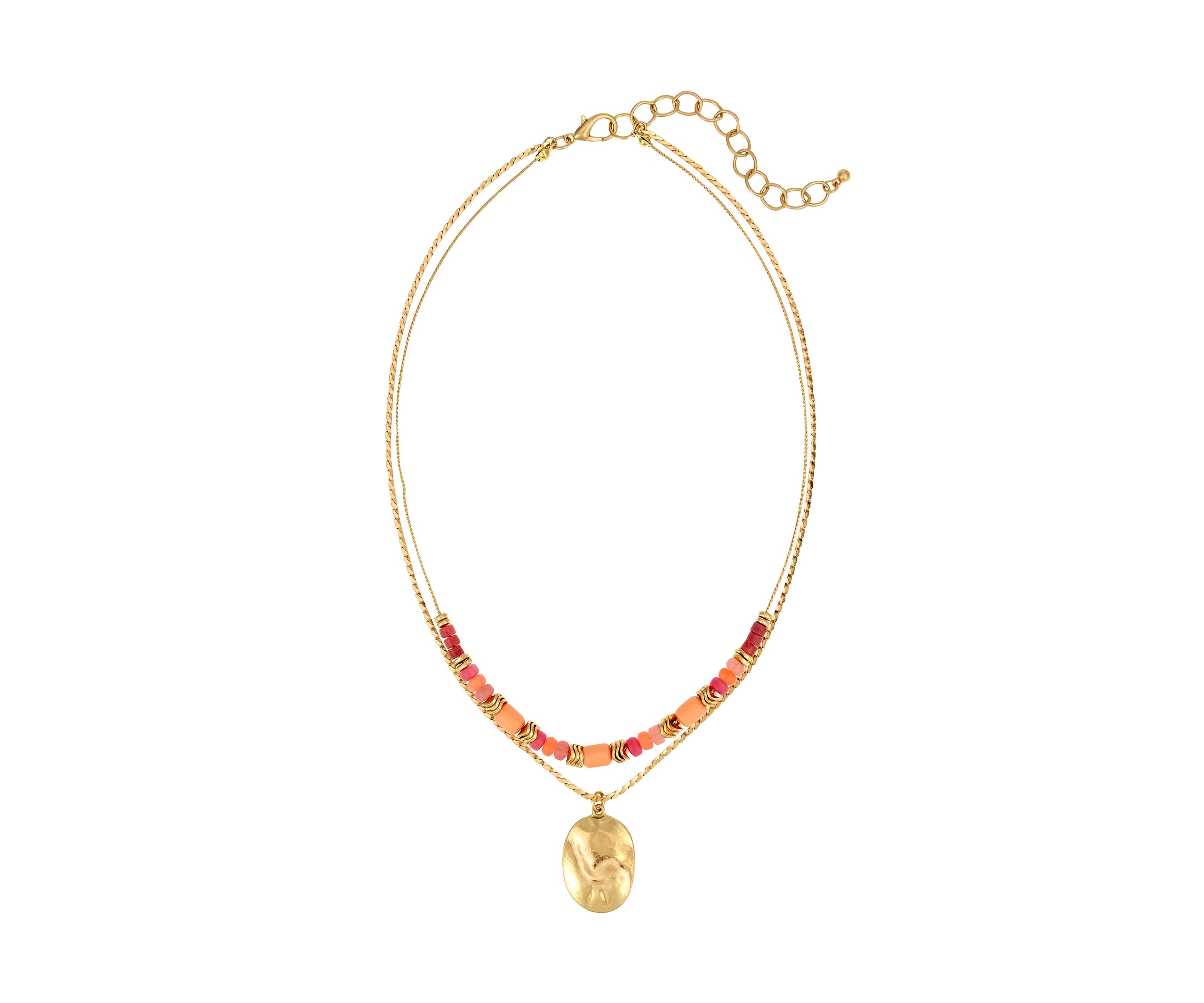 Gold-Tone 2 Row Short with Coral Multi Beads and Round Disc Drop Necklace