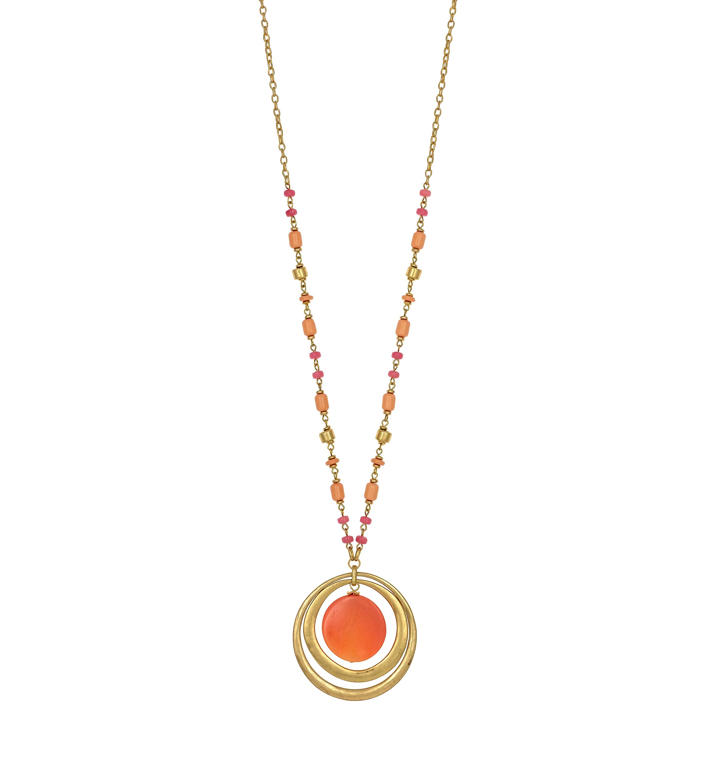 Gold-Tone Long Coral Multi Bead with Orbital Coral Pendant Necklace