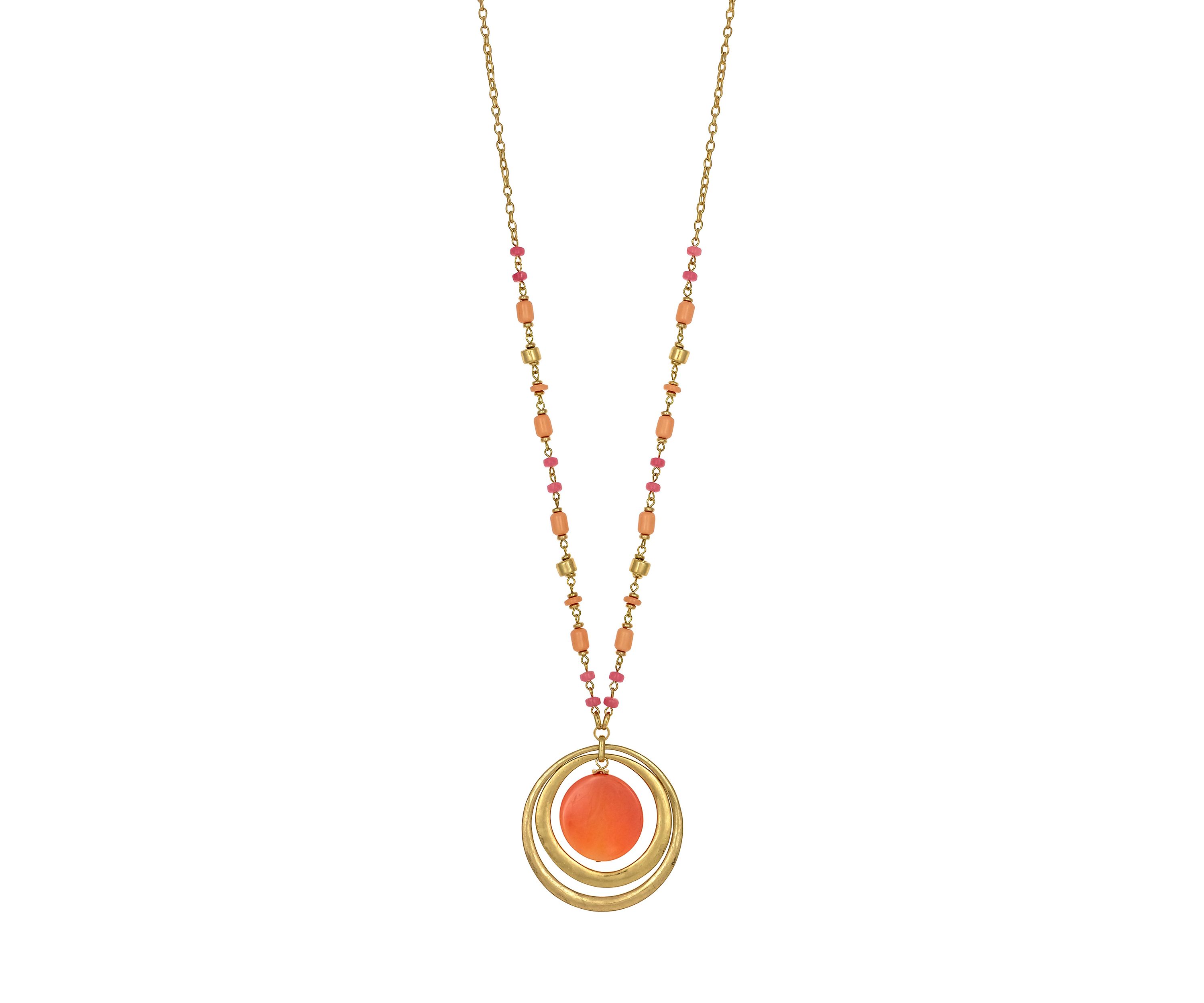 Gold-Tone Long Coral Multi Bead with Orbital Coral Pendant Necklace