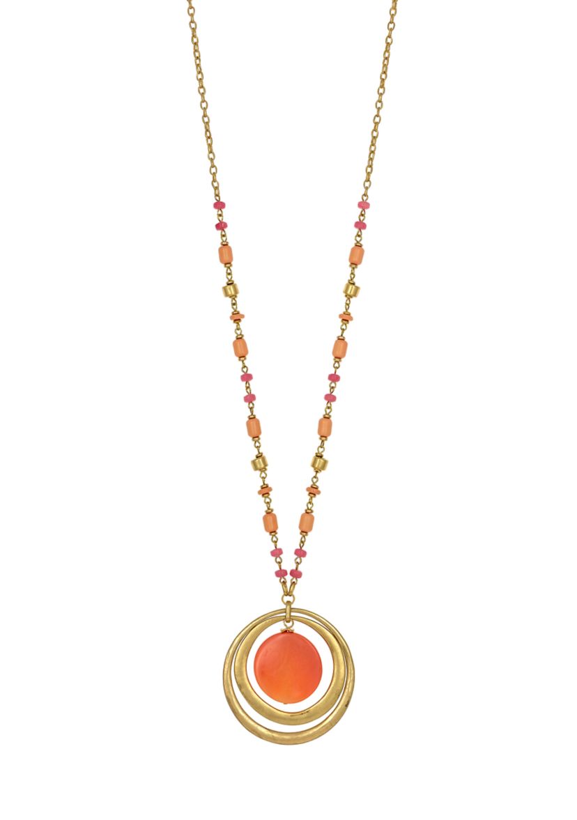 Gold-Tone Long Coral Multi Bead with Orbital Coral Pendant Necklace