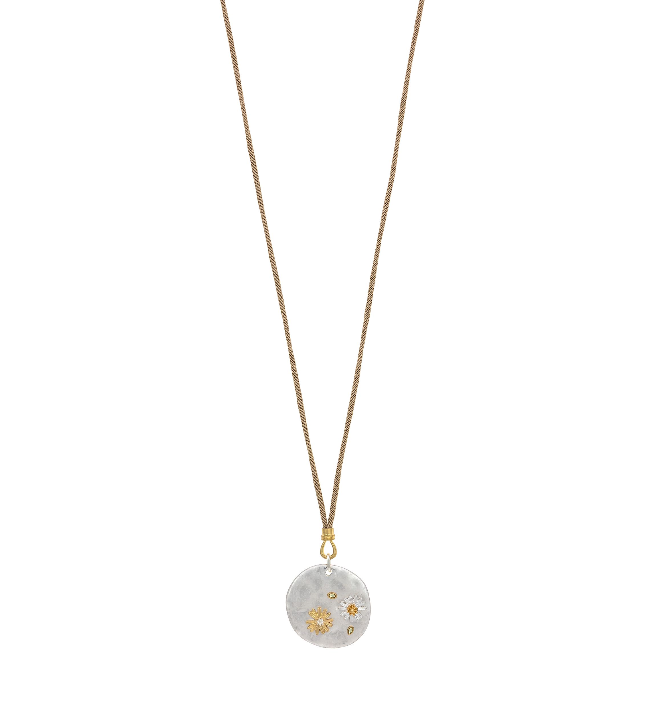 Two-Tone Long Beige Cord Round Pendant Disc with Etched Metal  Flower Accents Necklace