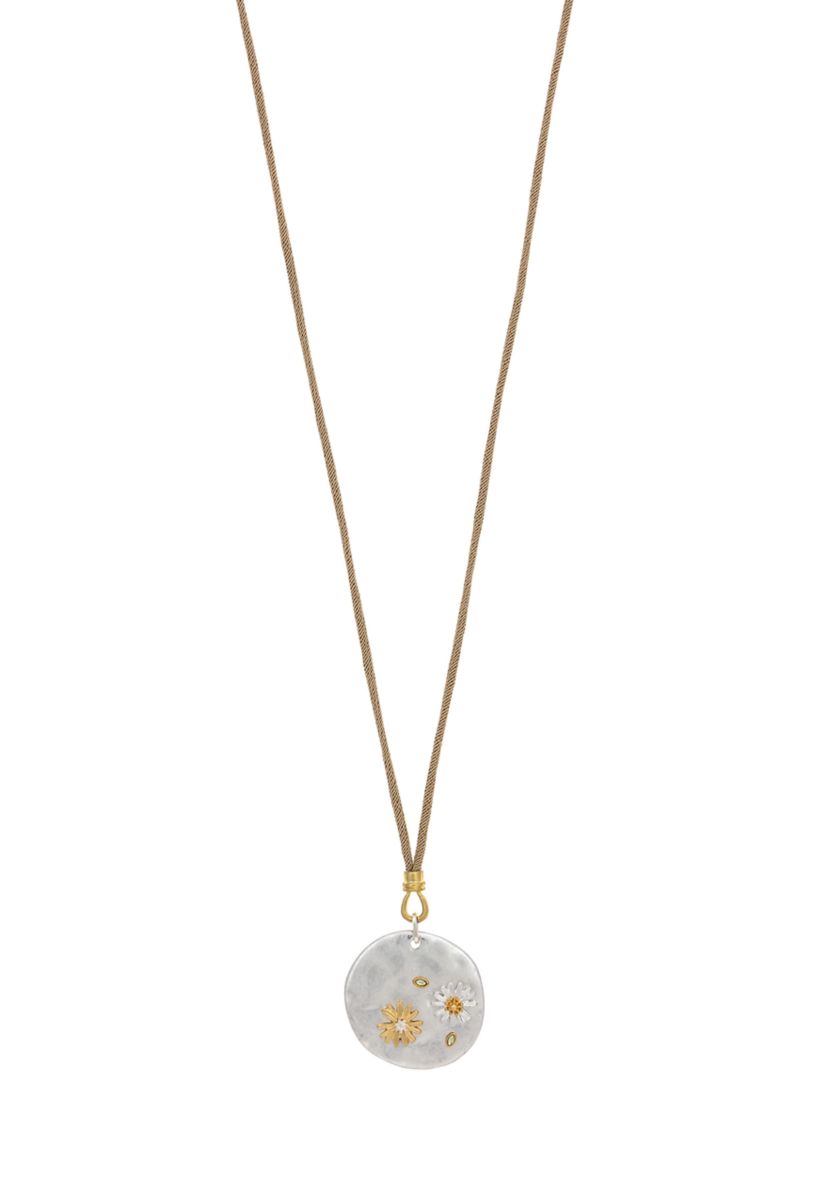 Two-Tone Long Beige Cord Round Pendant Disc with Etched Metal  Flower Accents Necklace
