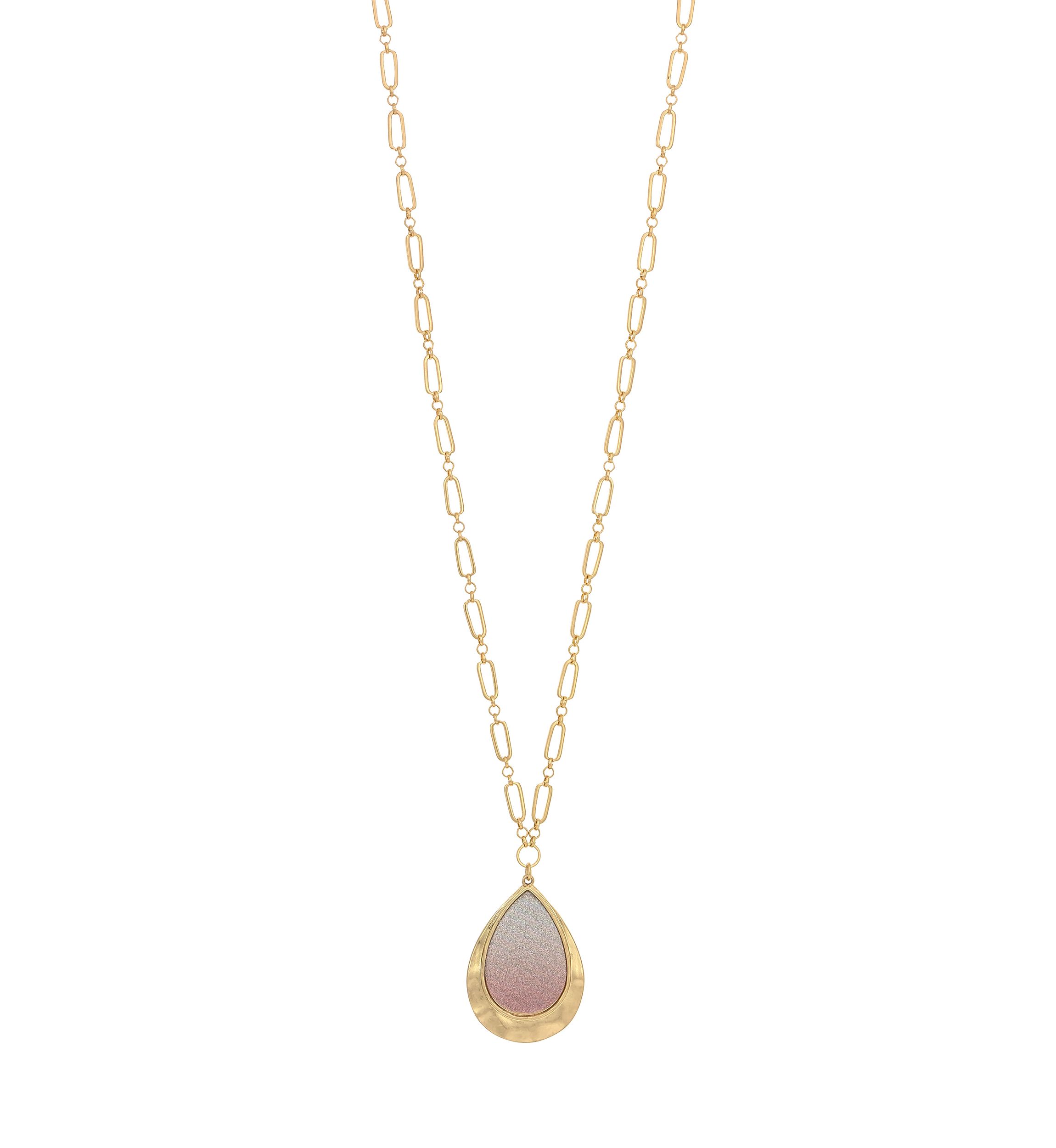 Gold-Tone Long Ombré Coral Glitter Teardrop Pendant Necklace
