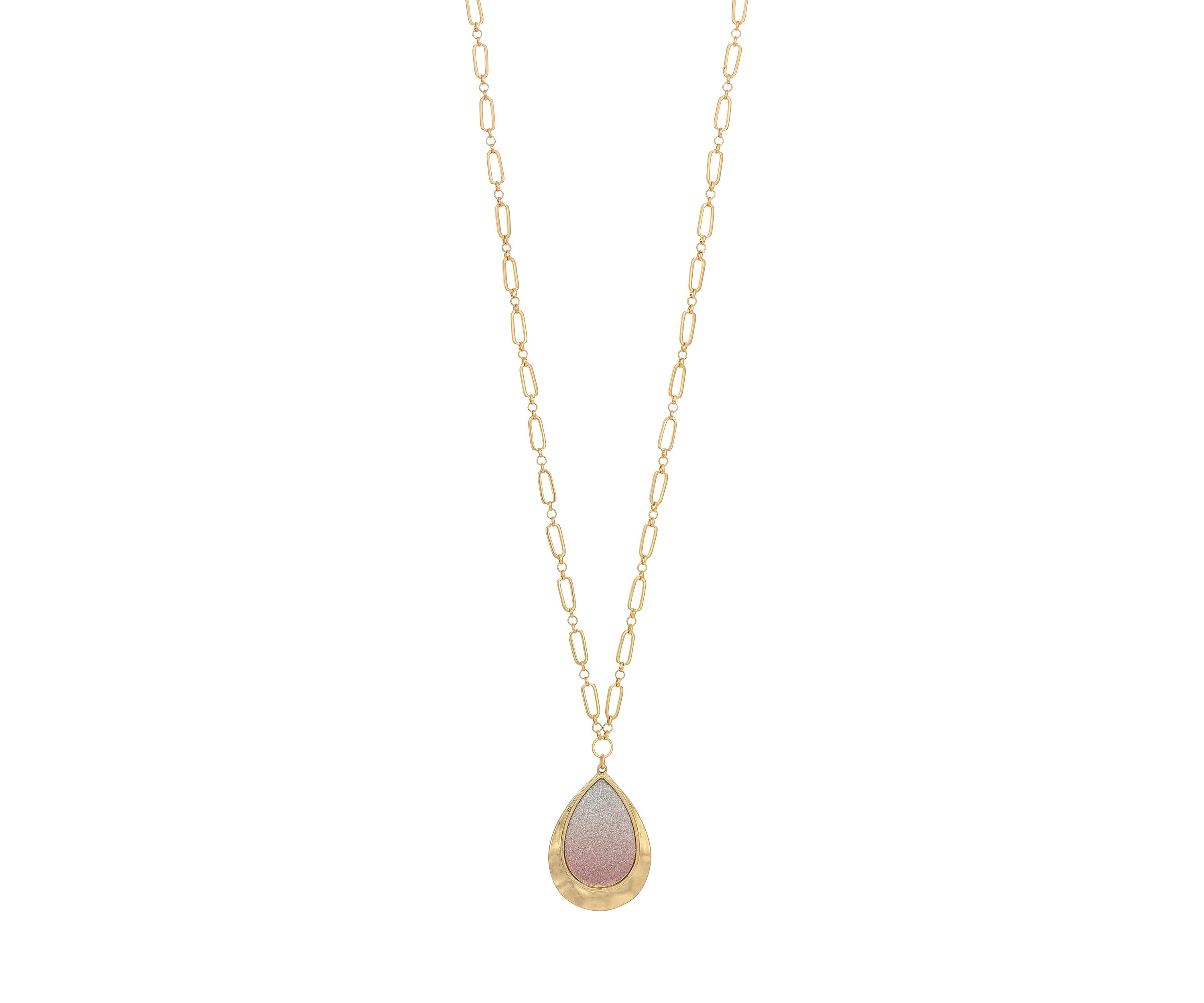 Gold-Tone Long Ombré Coral Glitter Teardrop Pendant Necklace