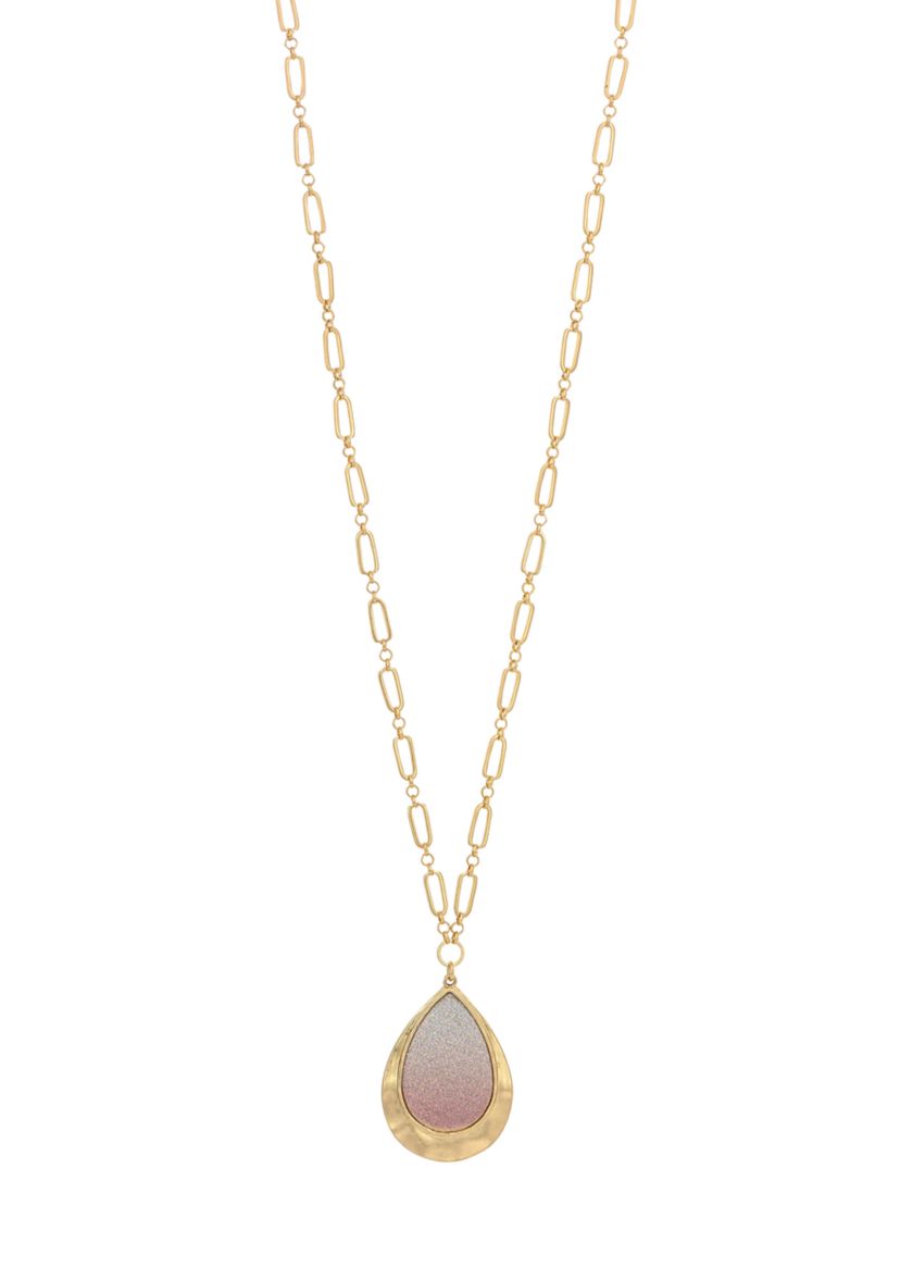 Gold-Tone Long Ombré Coral Glitter Teardrop Pendant Necklace